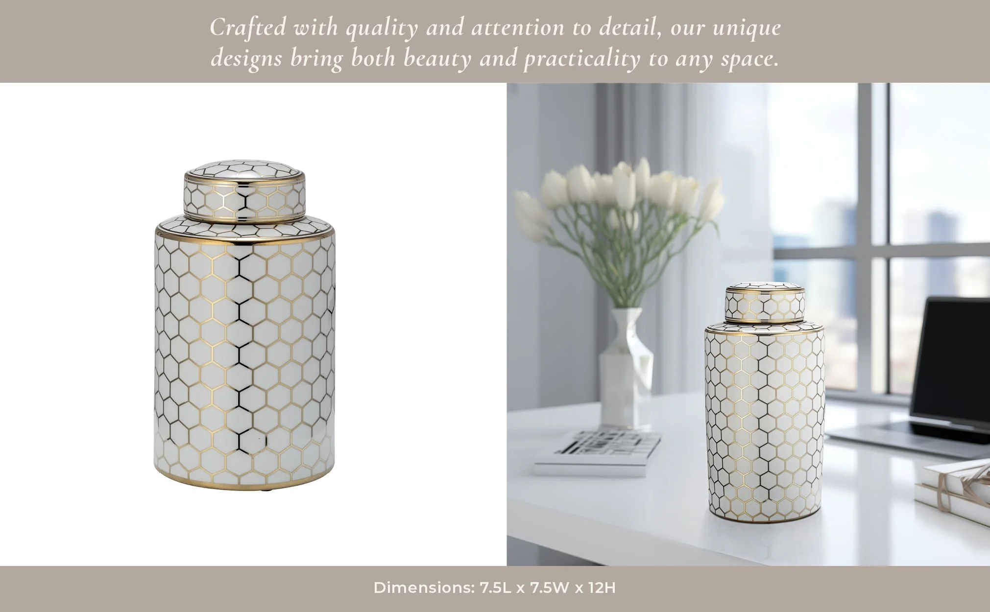 Cer, 12" Honeycomb Jar W/ Lid, Gold - Image 12