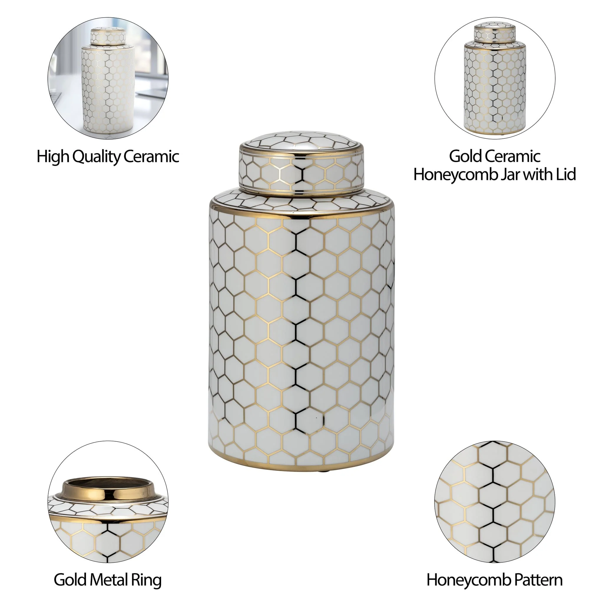 Cer, 12" Honeycomb Jar W/ Lid, Gold - Image 9
