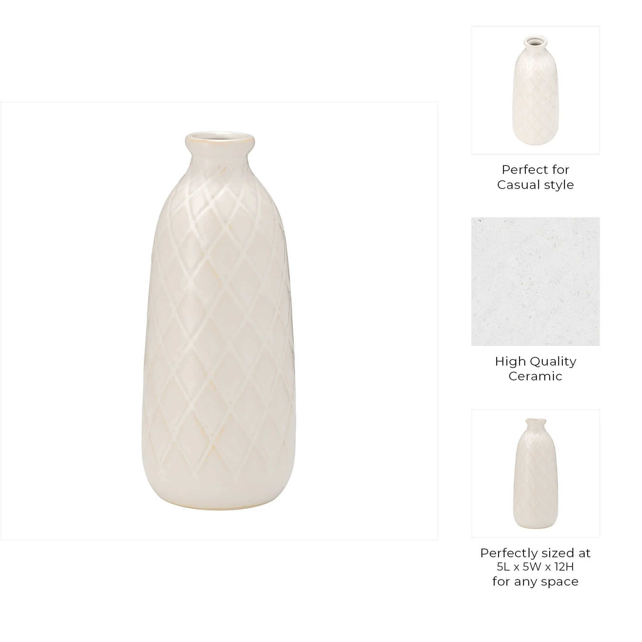 Cer, 12" Plaid Textured Vase, Beige - Image 8