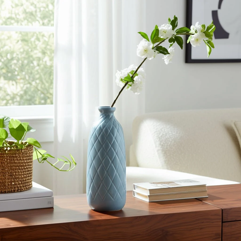 Cer, 12" Plaid Textured Vase, Cameo Blue - Image 8