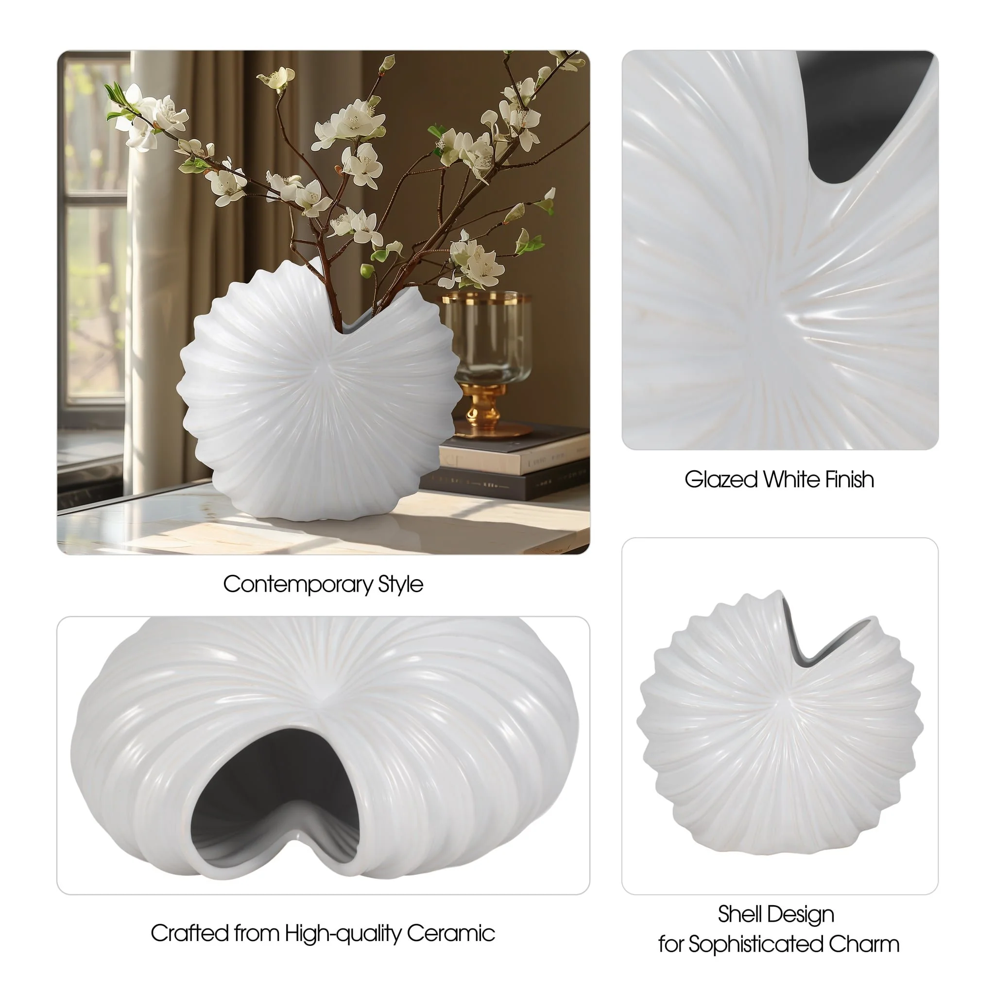 Cer, 12" Shell Vase, White - Image 10