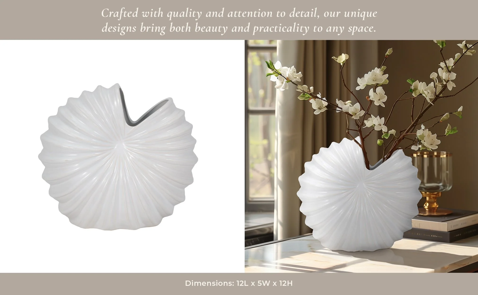 Cer, 12" Shell Vase, White - Image 12