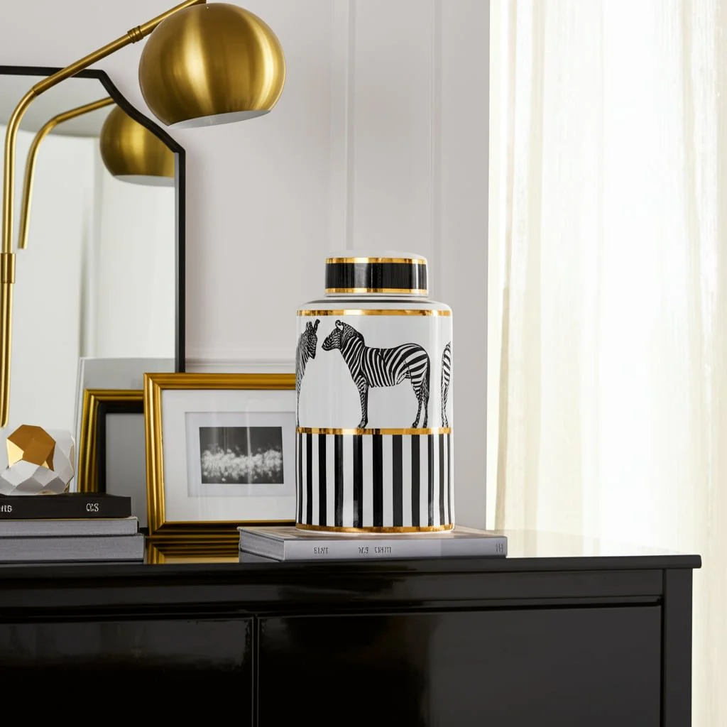 Cer, 12"h Zebra Jar W/ Lid, White/gold - Image 12