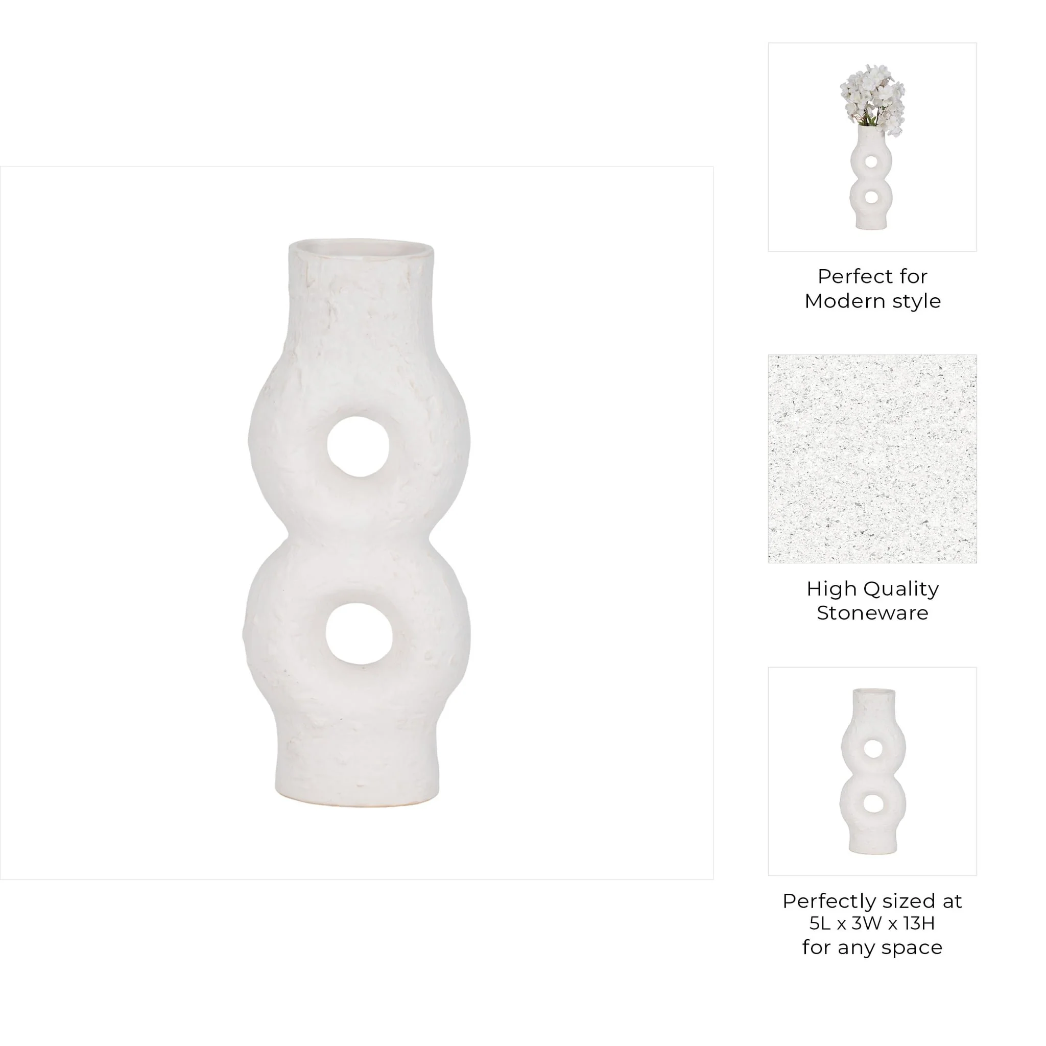 Cer, 13" Textured Stacked Circles Vase, White - Image 9