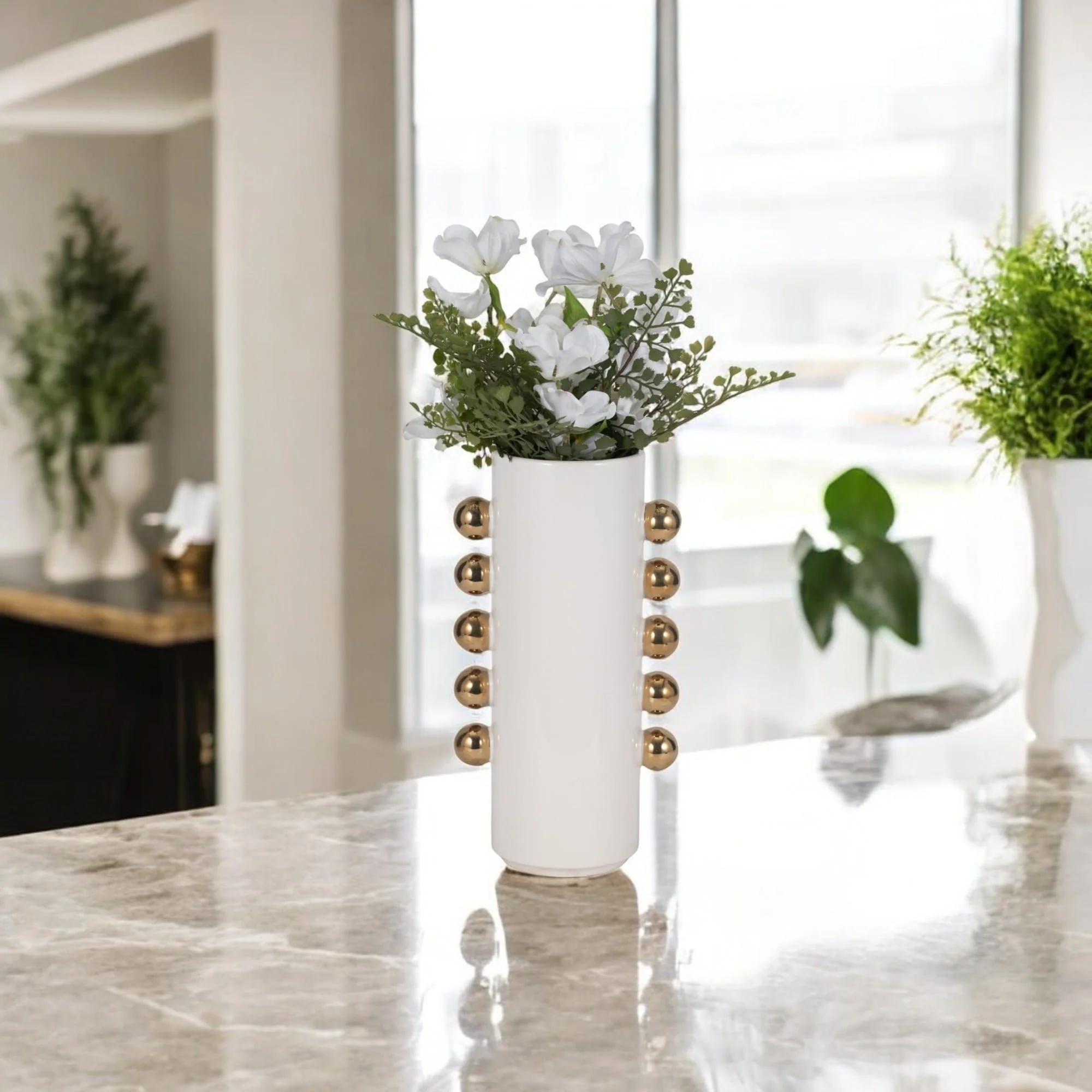 Cer, 13" Vase W/ Side Knobs, White/gold - Image 10