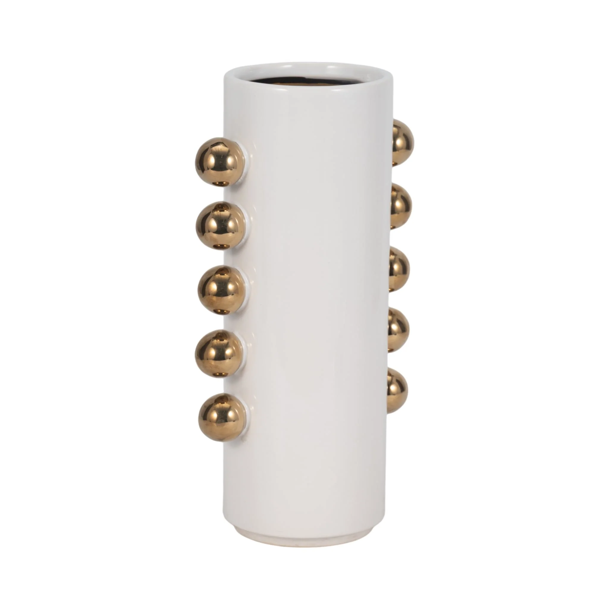 Cer, 13" Vase W/ Side Knobs, White/gold - Image 3
