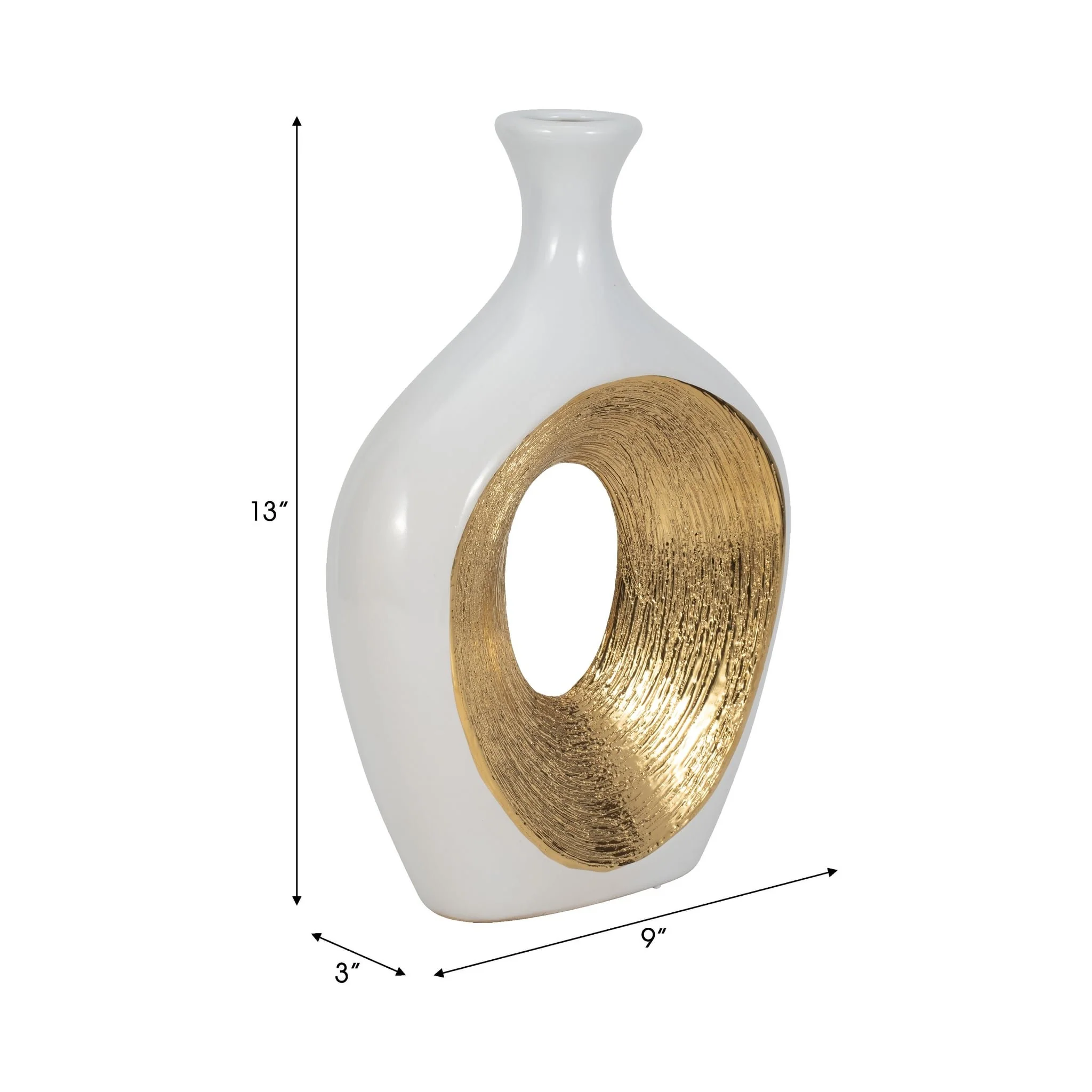 Cer, 13"h 2-tone Scratched Oval Vase, Wht/gld - Image 7