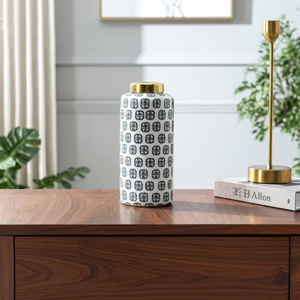 Cer, 13"h Modern Ginger Jar, Navy/white - Image 10