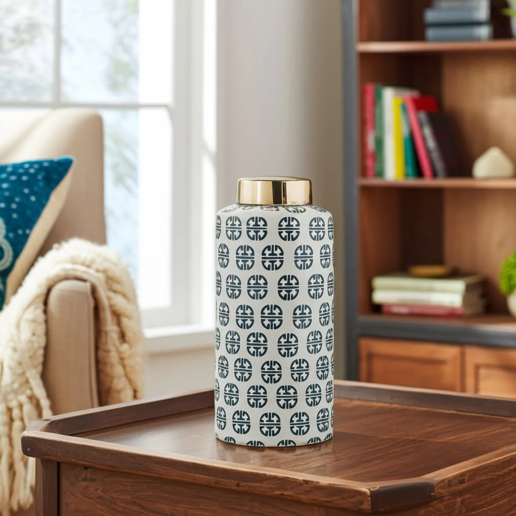 Cer, 13"h Modern Ginger Jar, Navy/white - Image 11