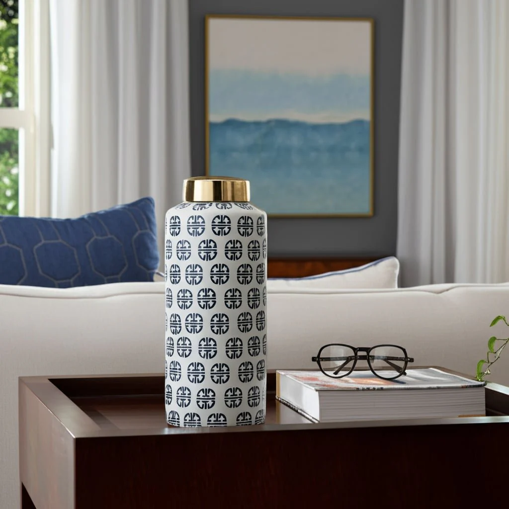 Cer, 13"h Modern Ginger Jar, Navy/white - Image 12