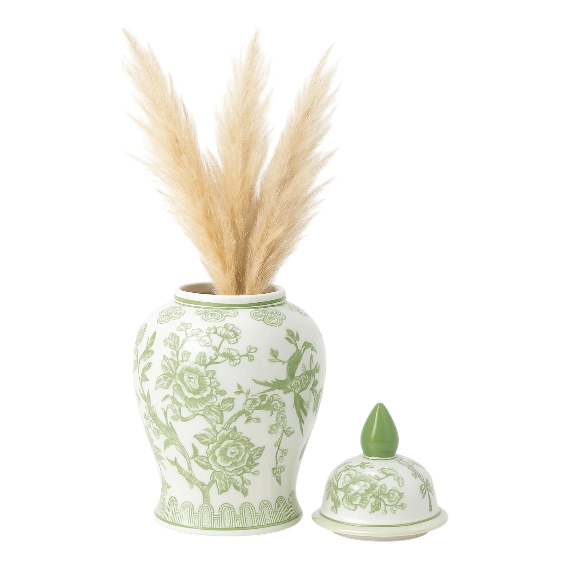 Cer, 14" Temple Jar Bird/flower, Green - Image 2