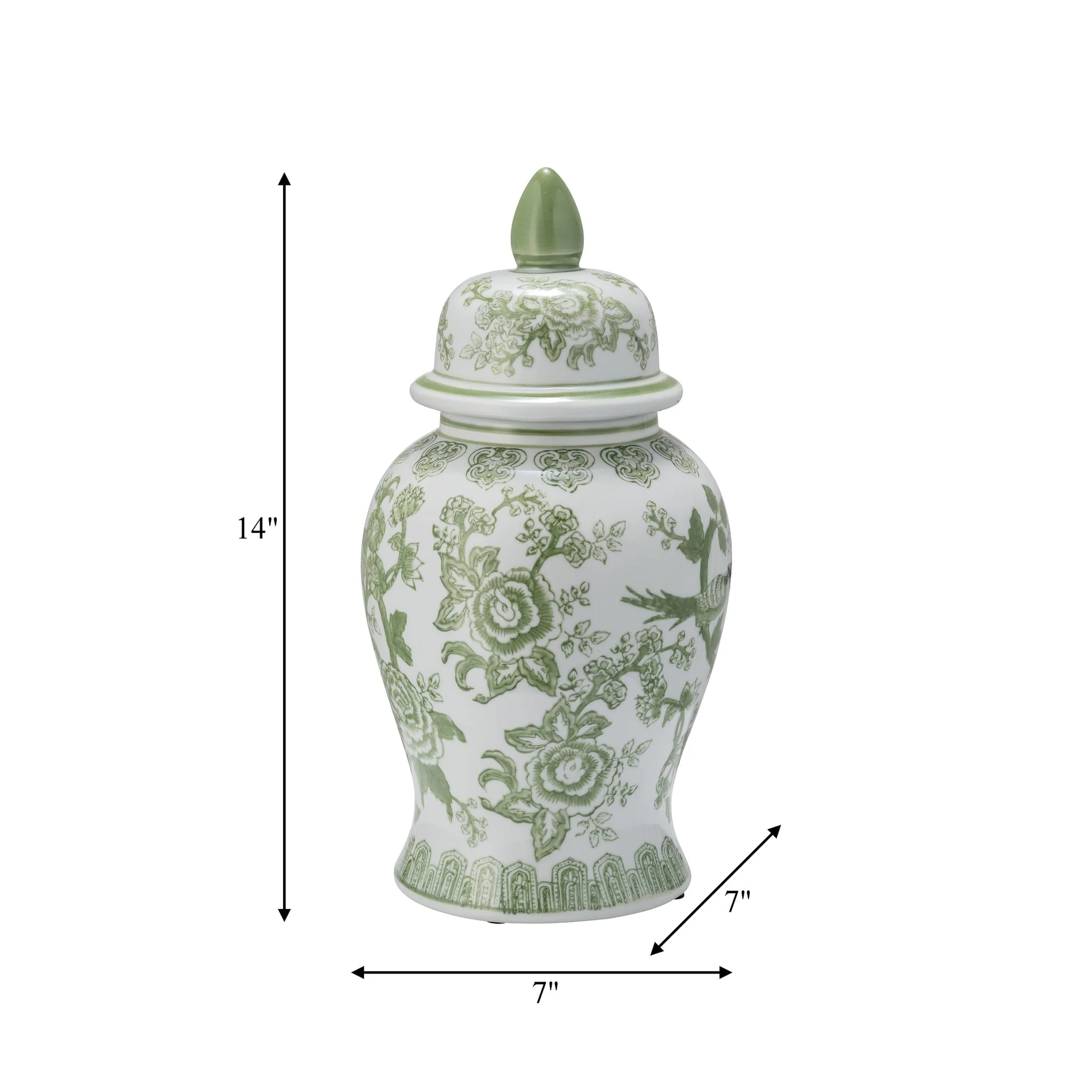Cer, 14" Temple Jar Bird/flower, Green - Image 7