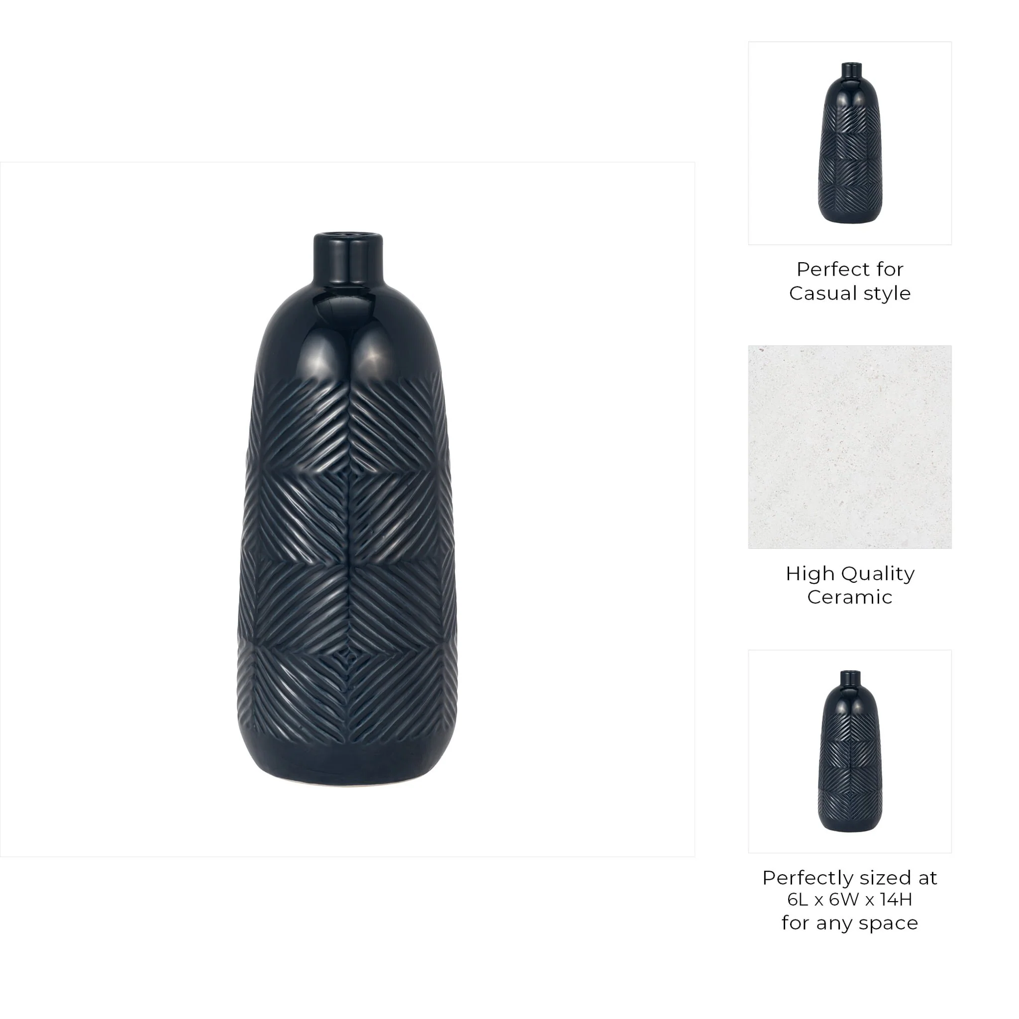 Cer, 14" Textured Lines Vase, Navy - Image 9