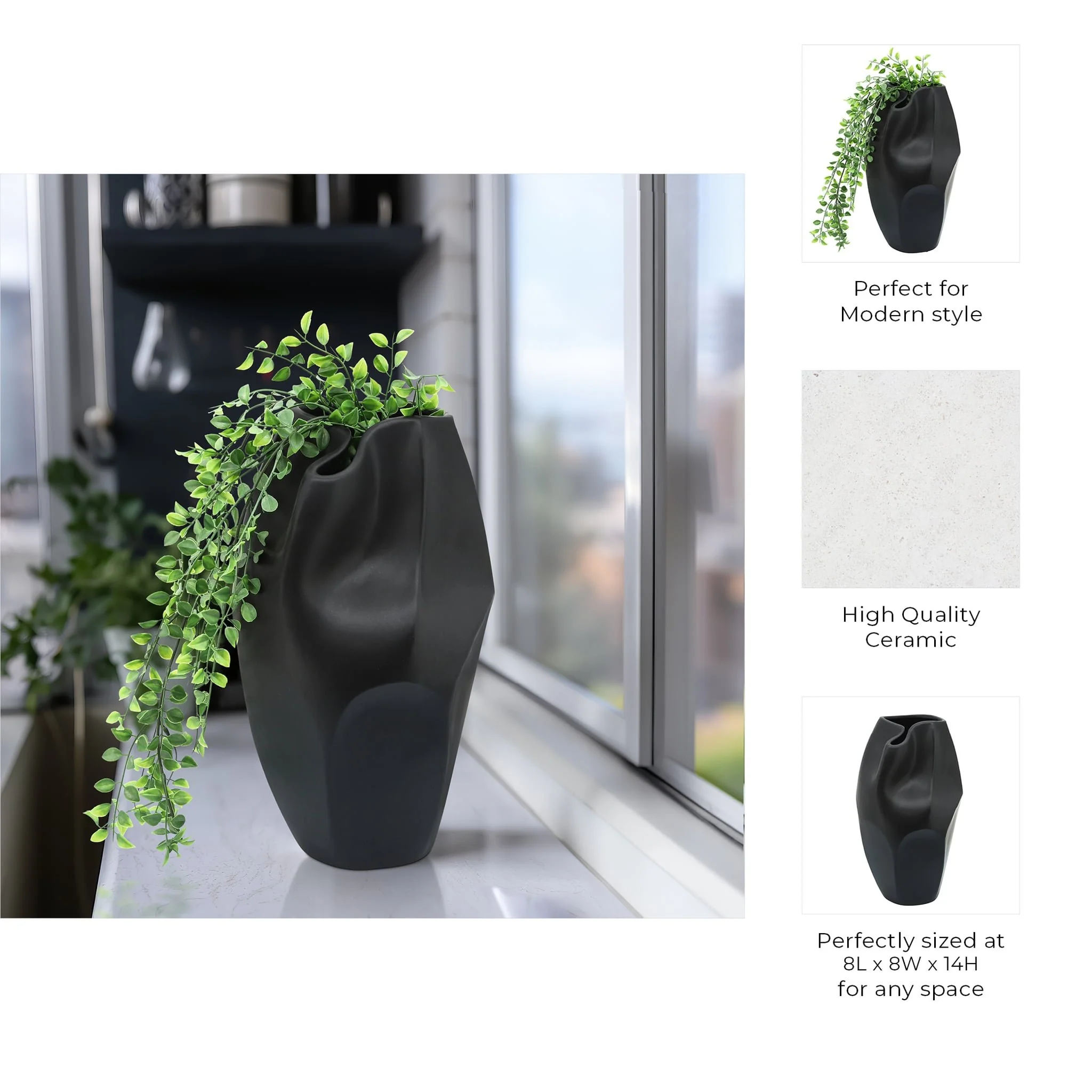 Cer, 14"h Abstract Vase, Black - Image 4