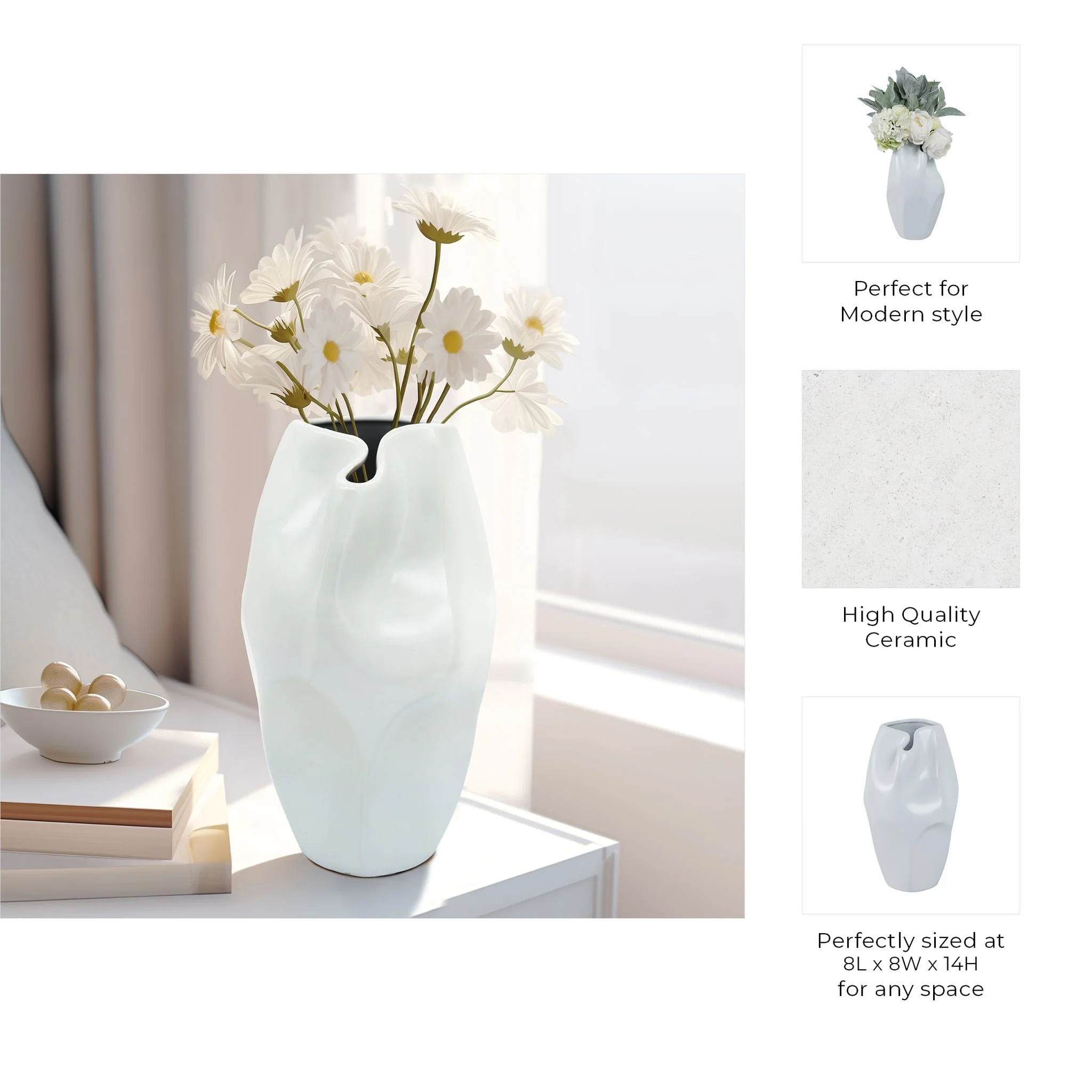 Cer, 14"h Abstract Vase, White - Image 9