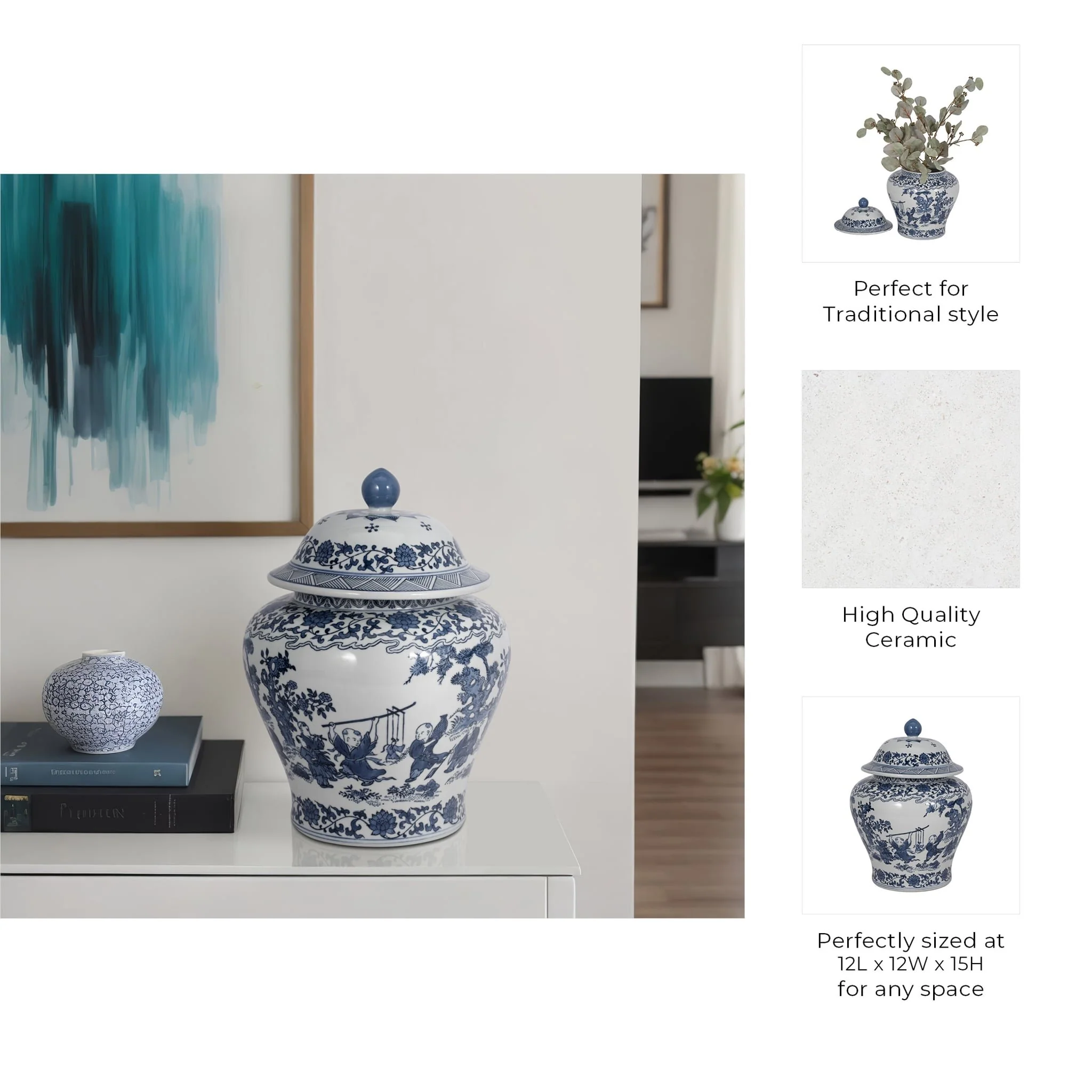 Cer, 15"h Blossoms Temple Jar, Blue - Image 9