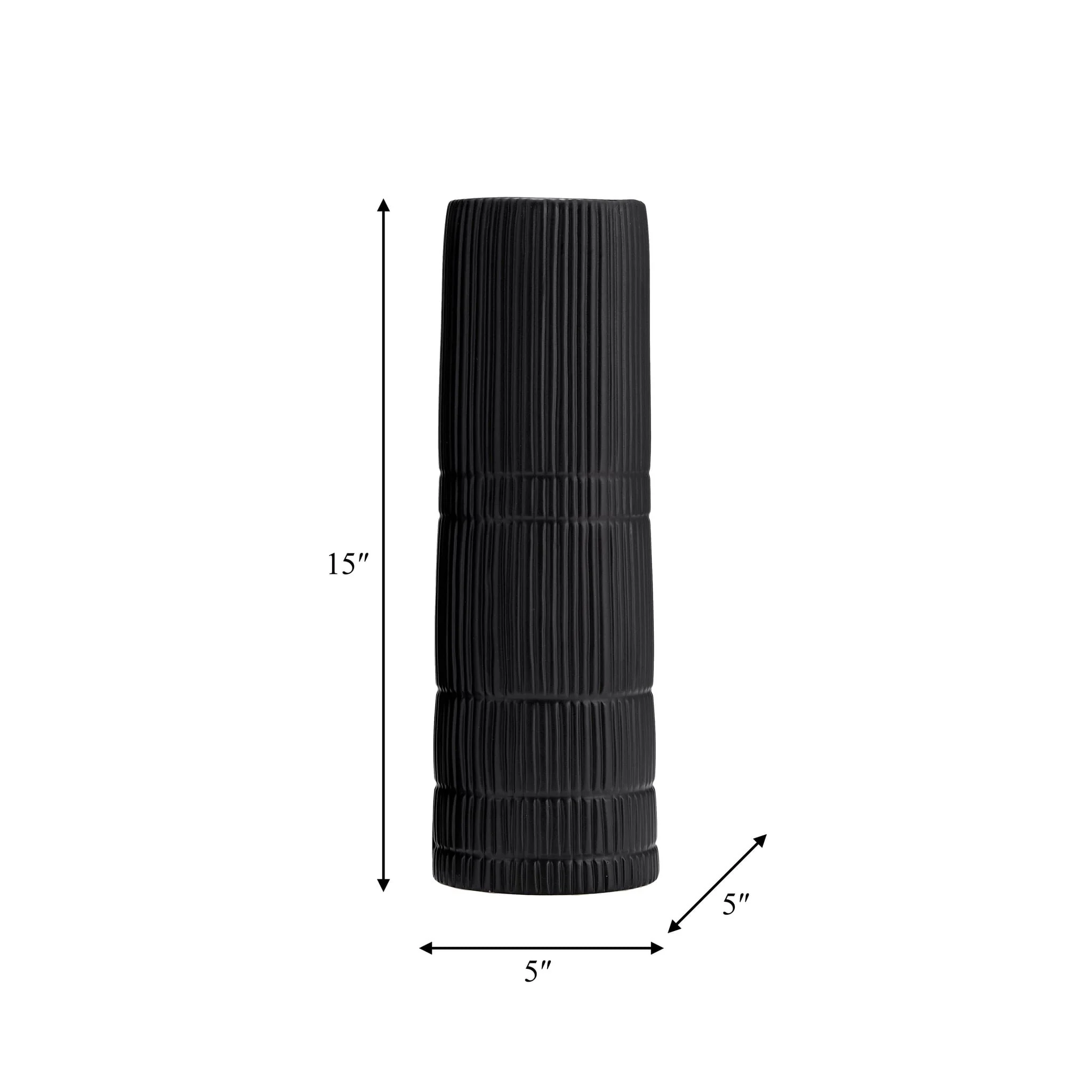 Cer, 15"h Lined Cylinder Vase, Matte Black - Image 6
