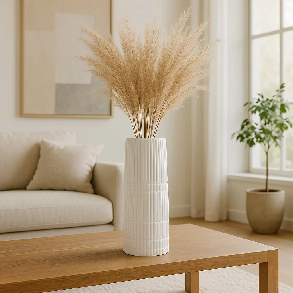 Cer, 15"h Lined Cylinder Vase, White - Image 9