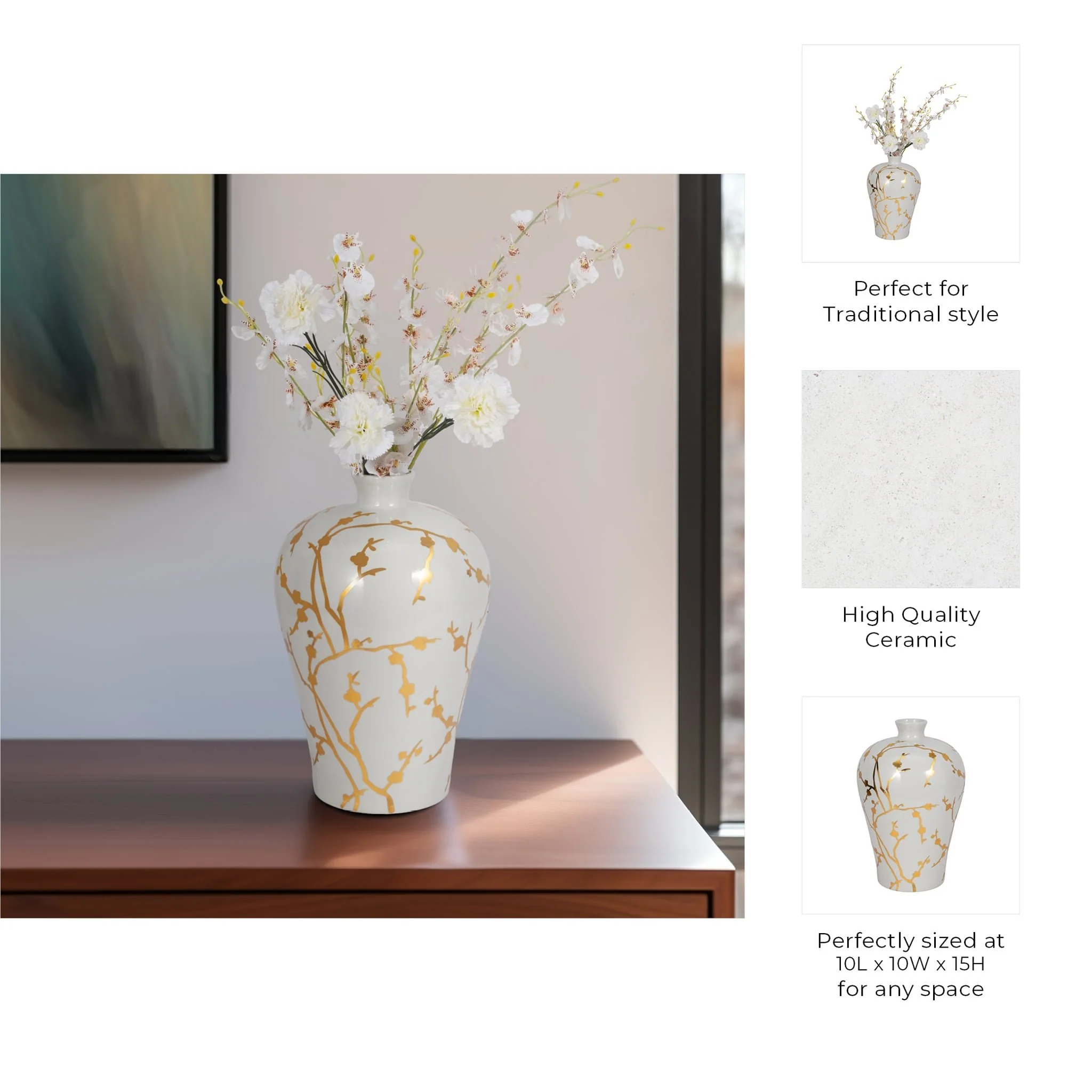 Cer 15"h, Vase W/ Gold Decal, White - Image 9