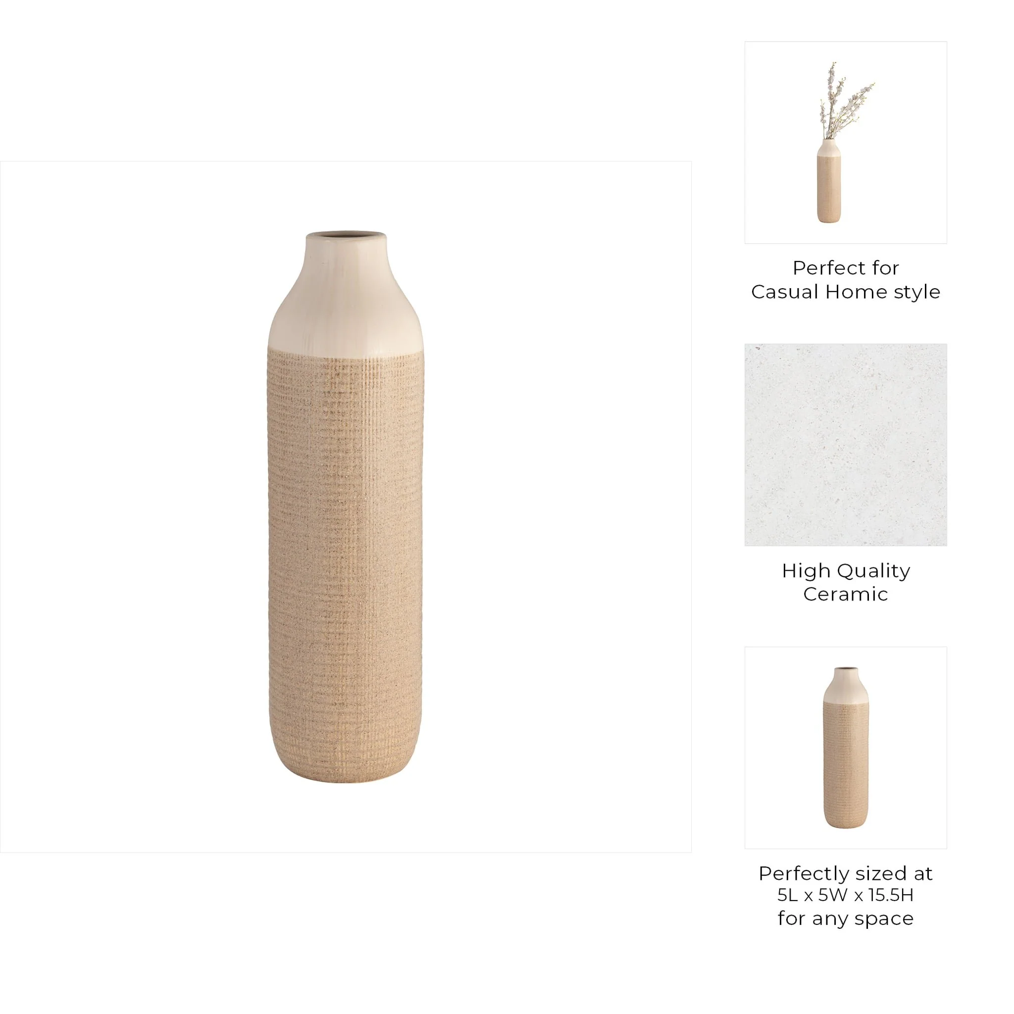 Cer, 16" 2-tone Vase, White/tan - Image 7