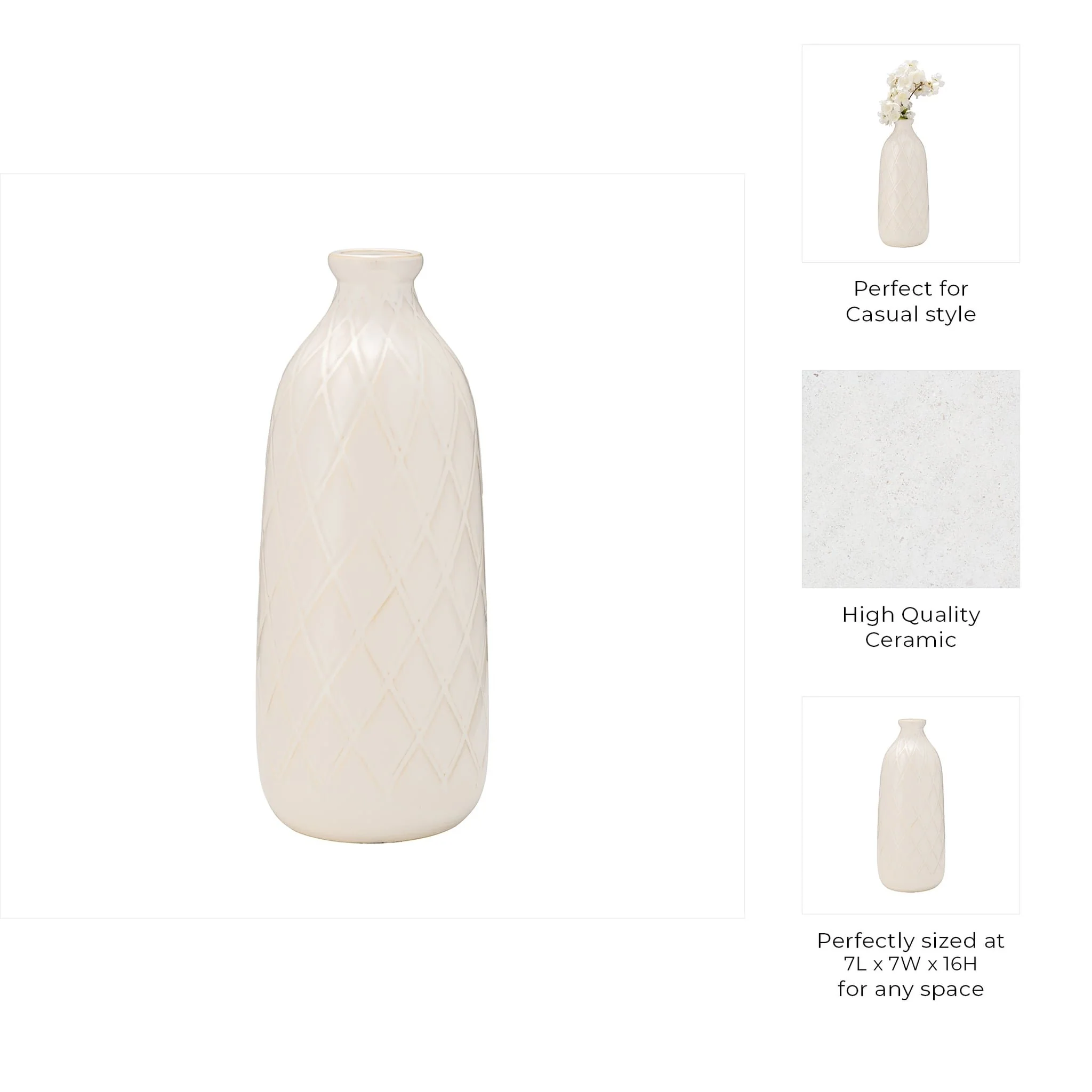 Cer, 16" Plaid Textured Vase, Beige - Image 7