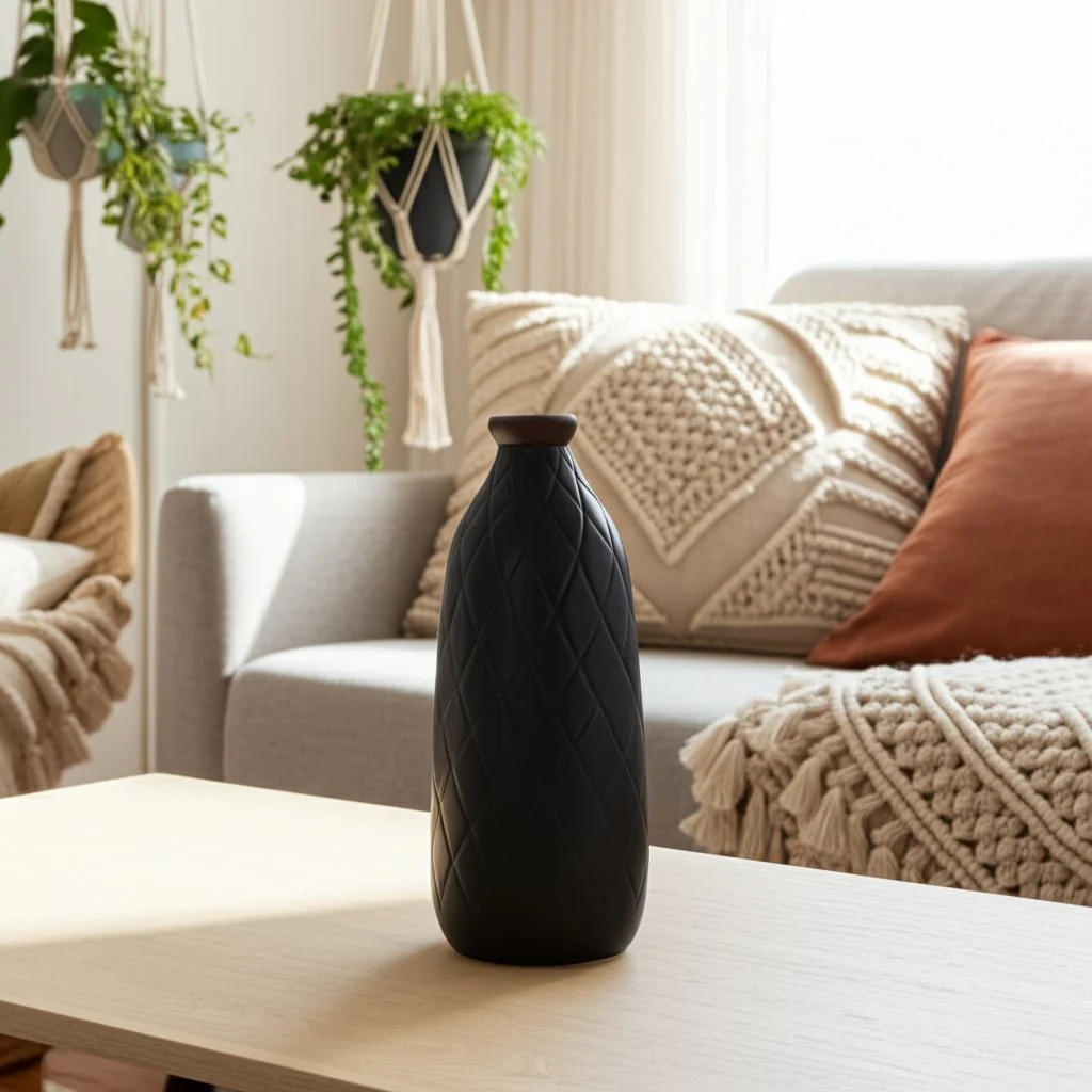 Cer, 16" Plaid Textured Vase, Black - Image 13