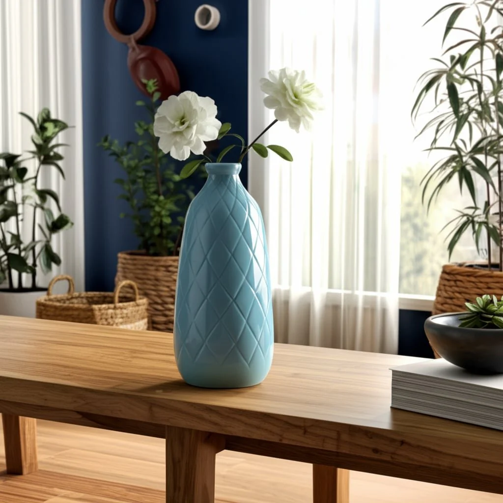 Cer, 16" Plaid Textured Vase, Cameo Blue - Image 12