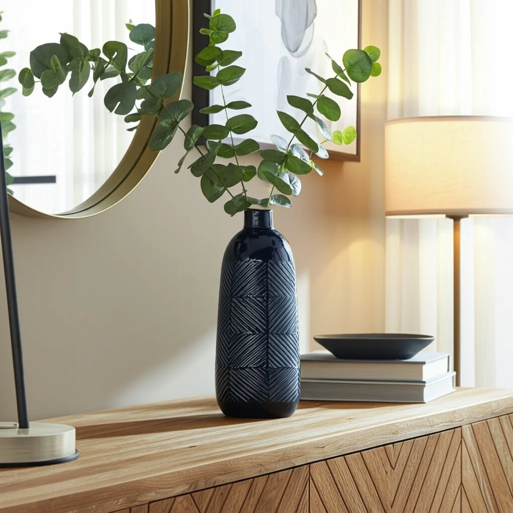 Cer, 16" Textured Lines Vase, Navy - Image 10