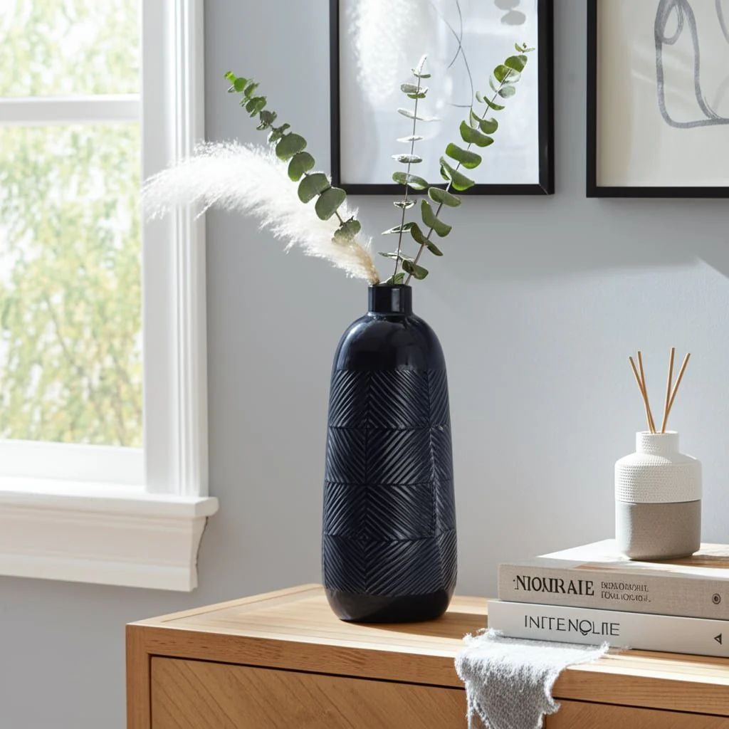 Cer, 16" Textured Lines Vase, Navy - Image 11