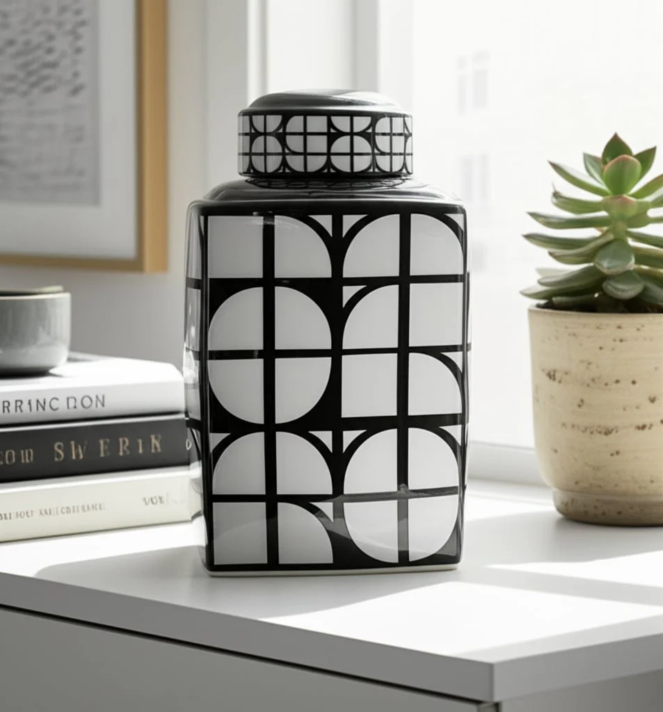 Cer, 16"h Square Jar W/ Lid, Black/white - Image 7