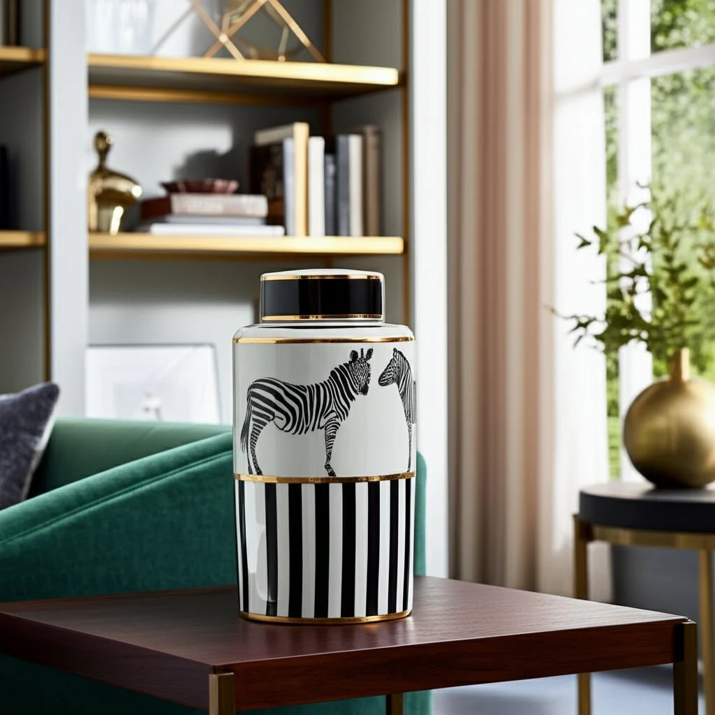 Cer, 16"h Zebra Jar W/ Lid, White/gold - Image 12