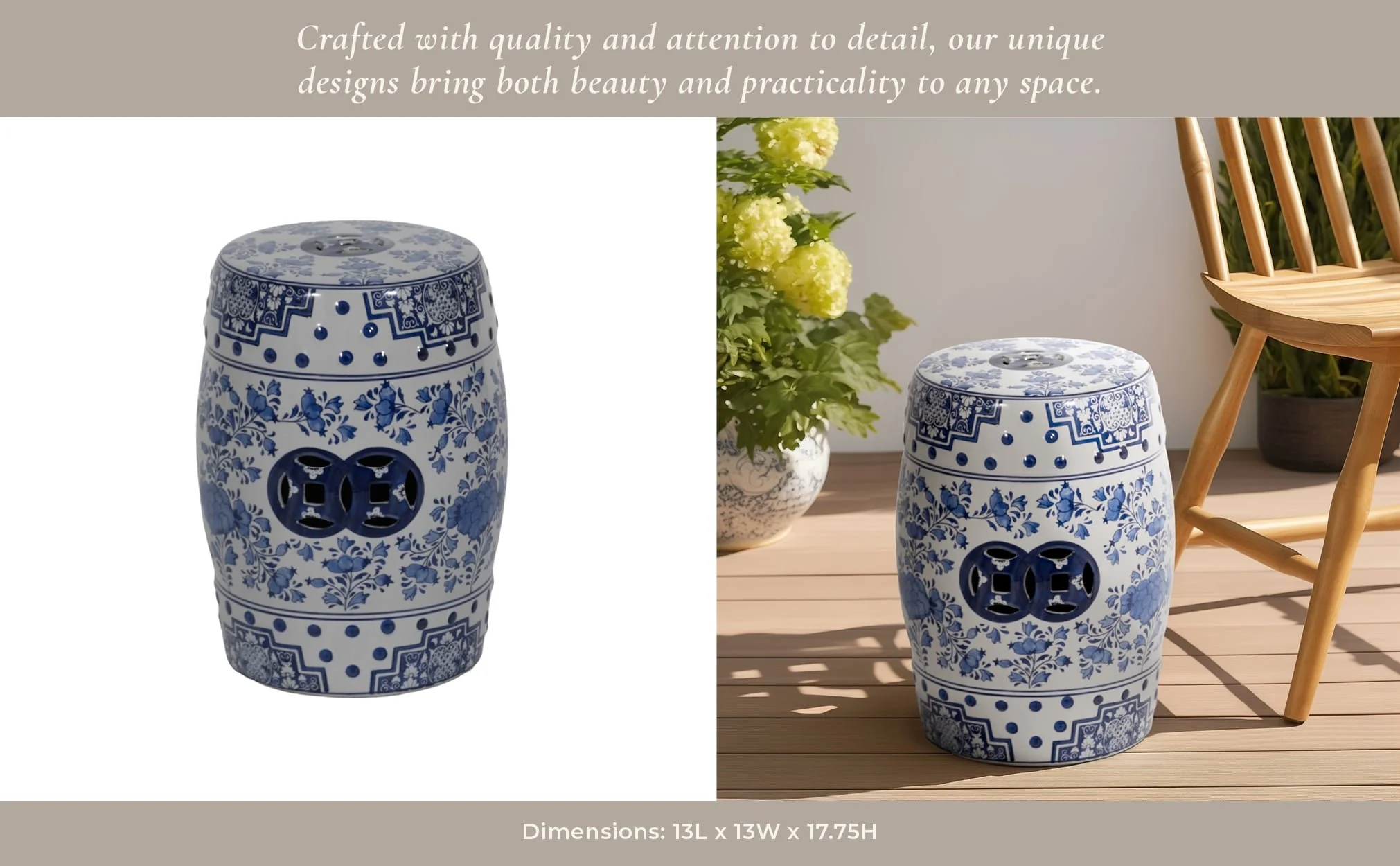 Cer, 18" Chinoiserie Stool, Blue/white - Image 10