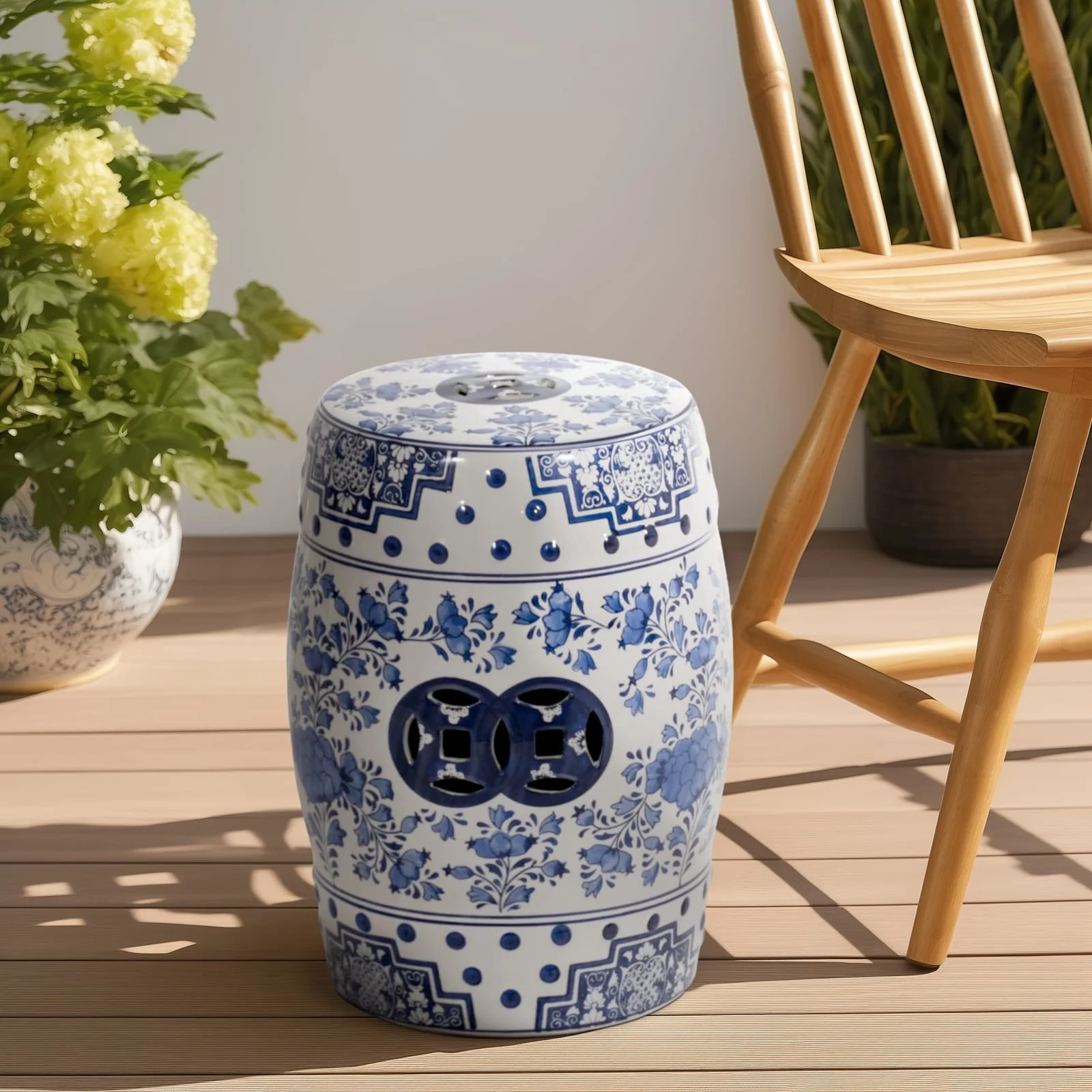 Cer, 18" Chinoiserie Stool, Blue/white - Image 9
