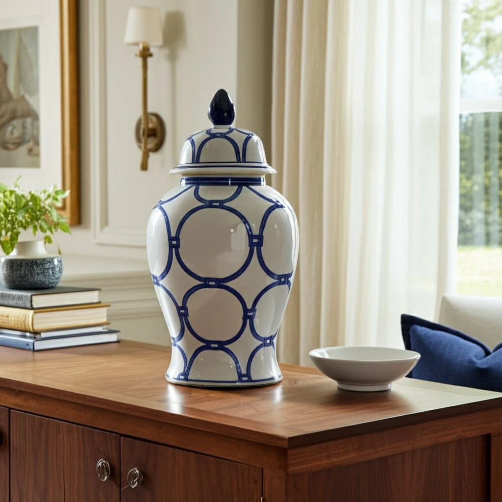 Cer, 18" Links Temple Jar, Blue/white - Image 11