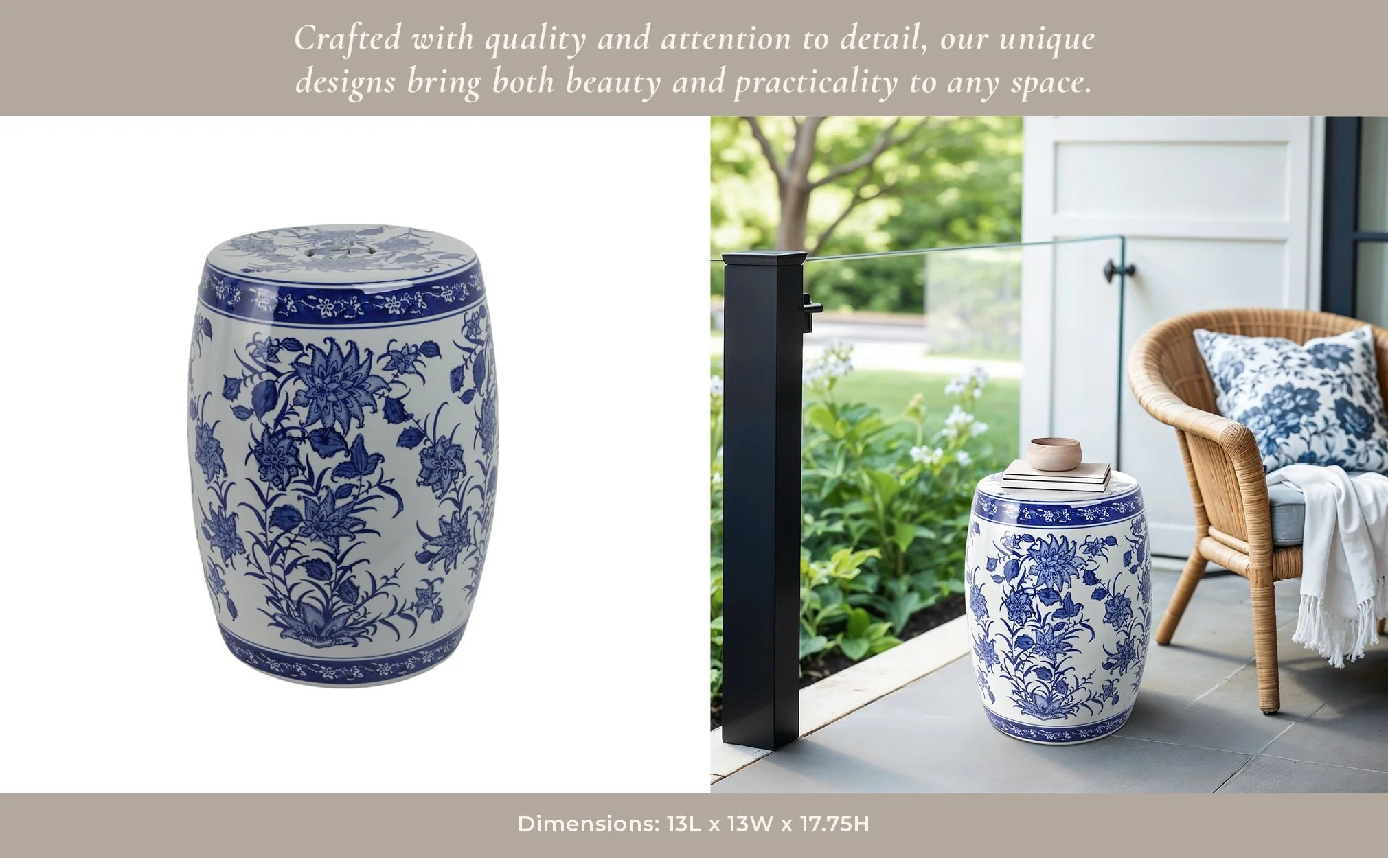 Cer,18" Pinwheel Flower Chinoiserie Stool,blu/wht - Image 11
