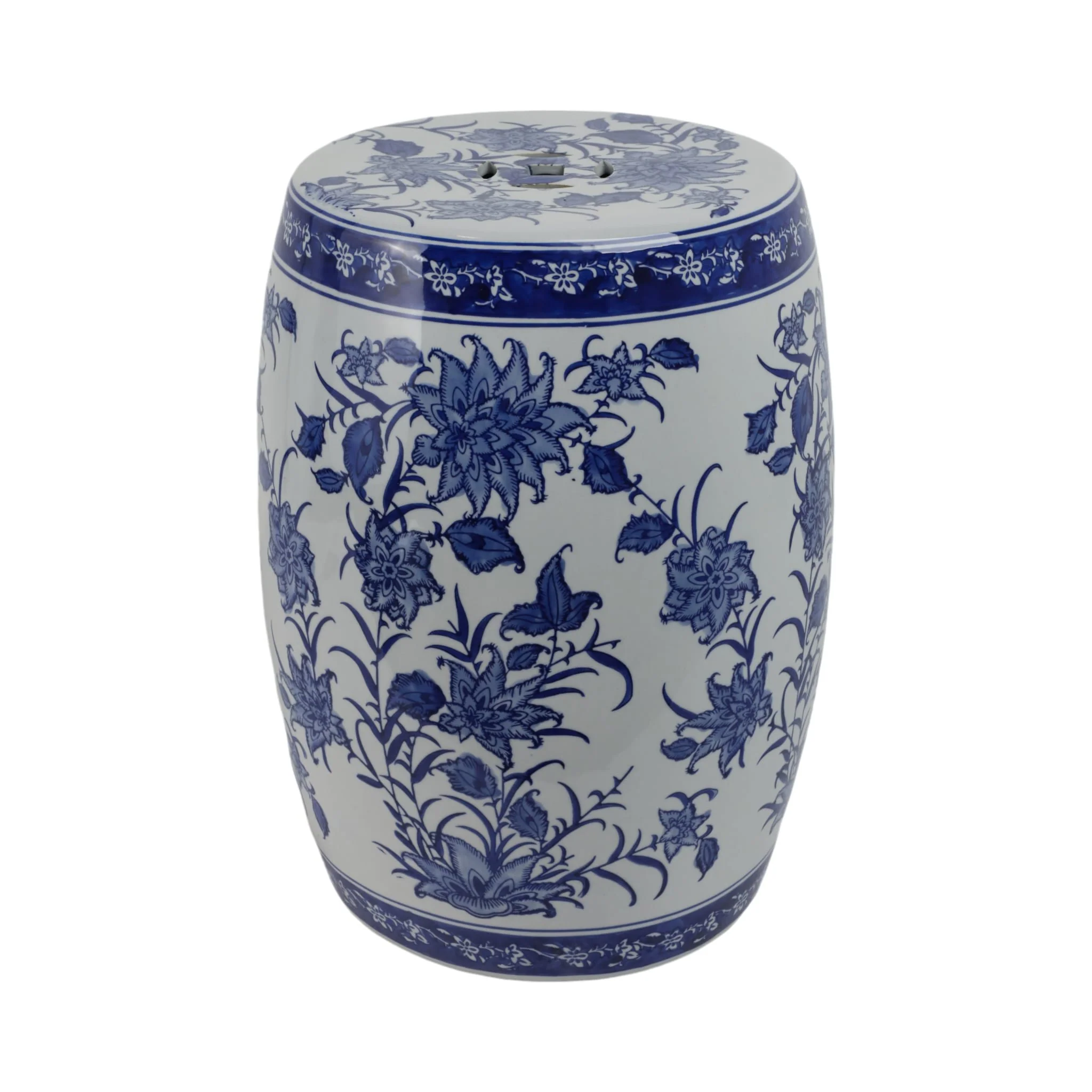 Cer,18" Pinwheel Flower Chinoiserie Stool,blu/wht - Image 3