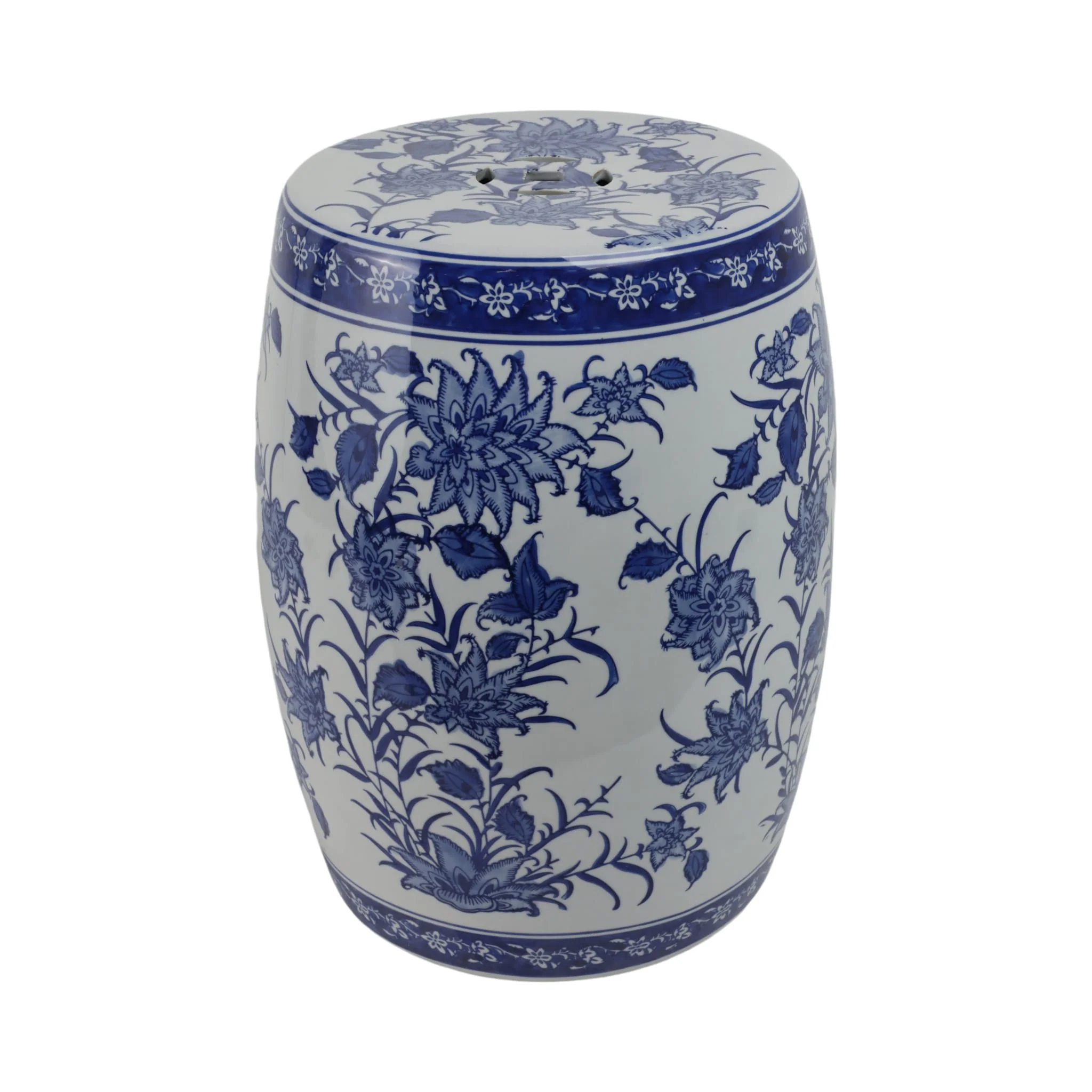 Cer,18" Pinwheel Flower Chinoiserie Stool,blu/wht - Image 4