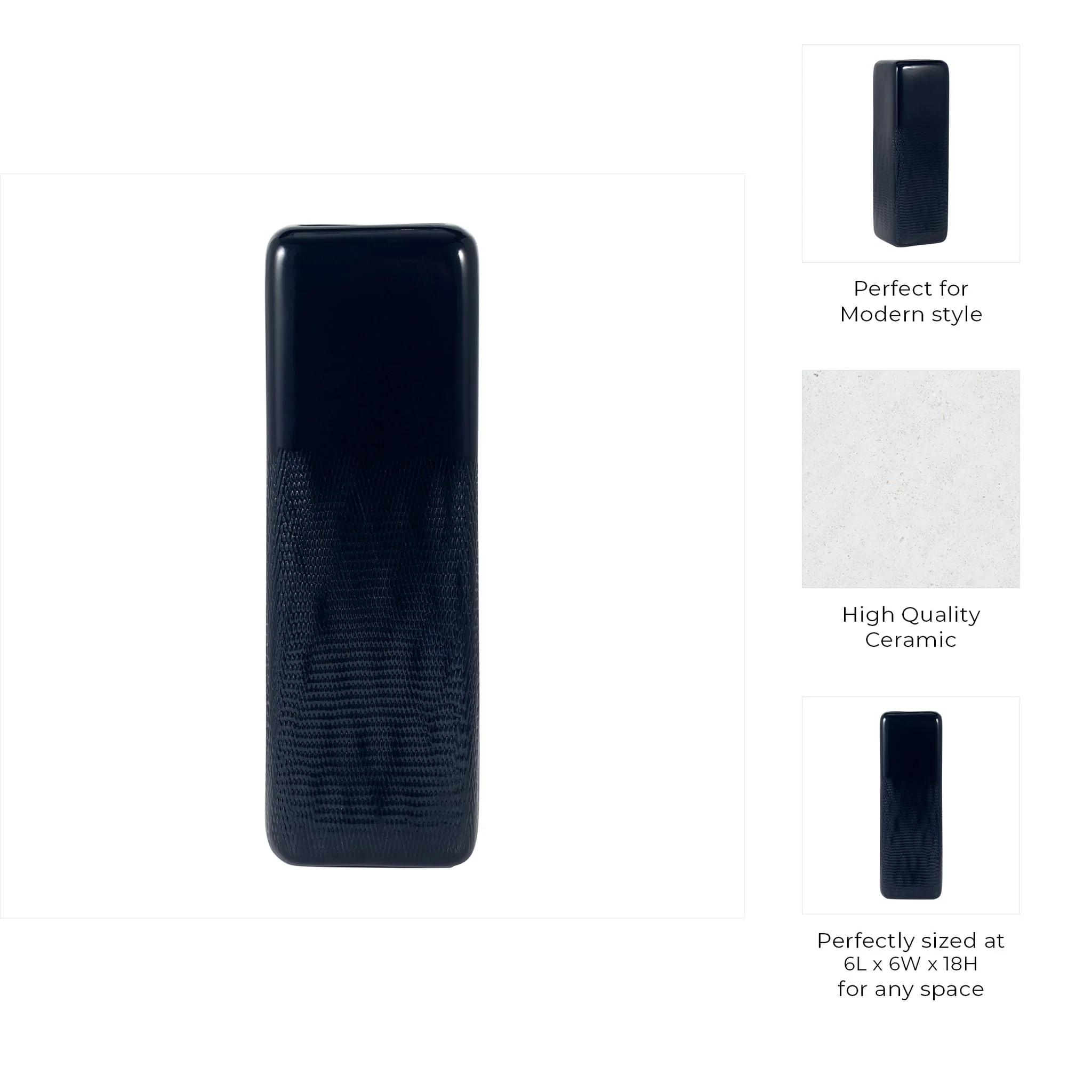 Cer, 18" Squared Grooved Vase, Navy Blue - Image 8