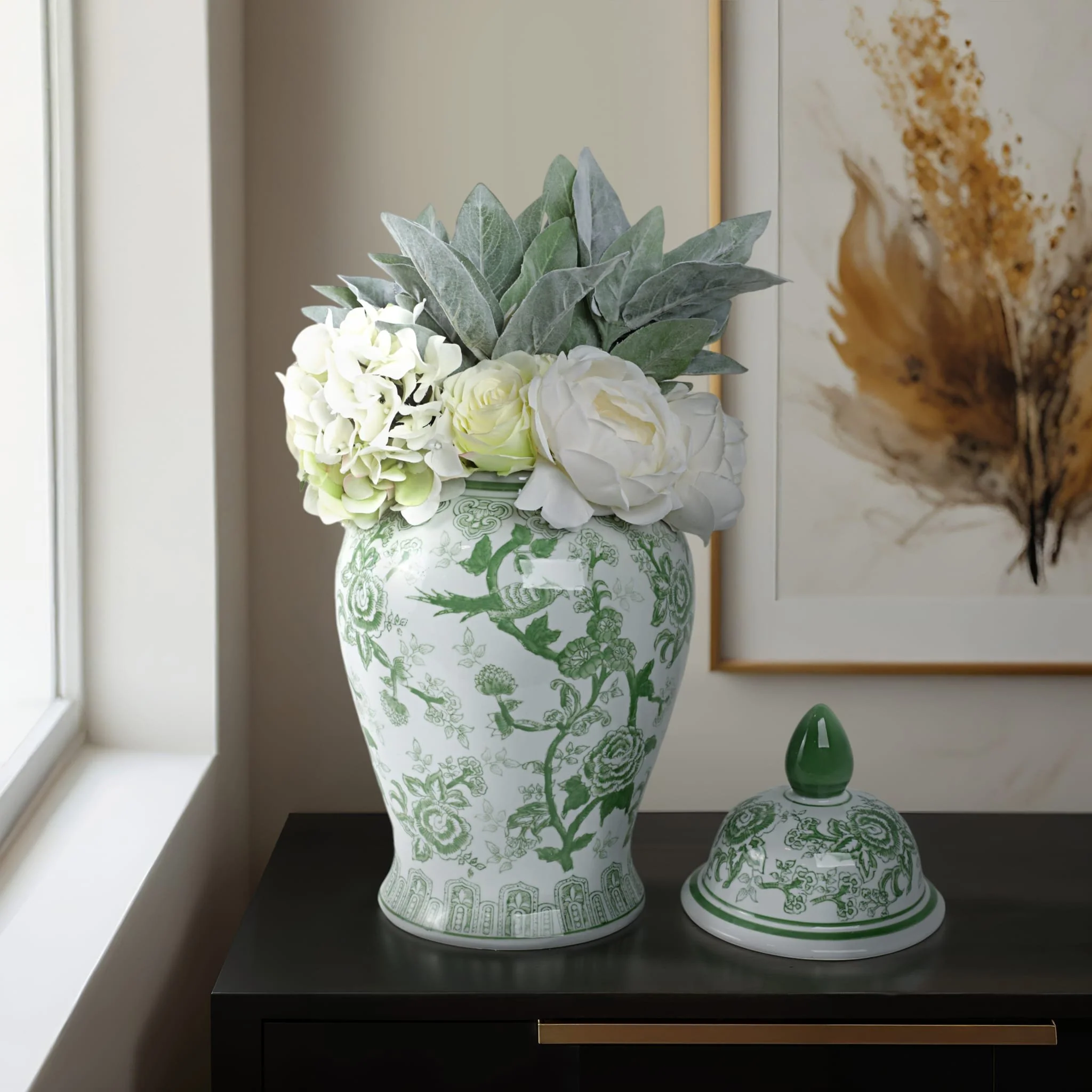 Cer, 18" Temple Jar Bird/flower, Green - Image 10