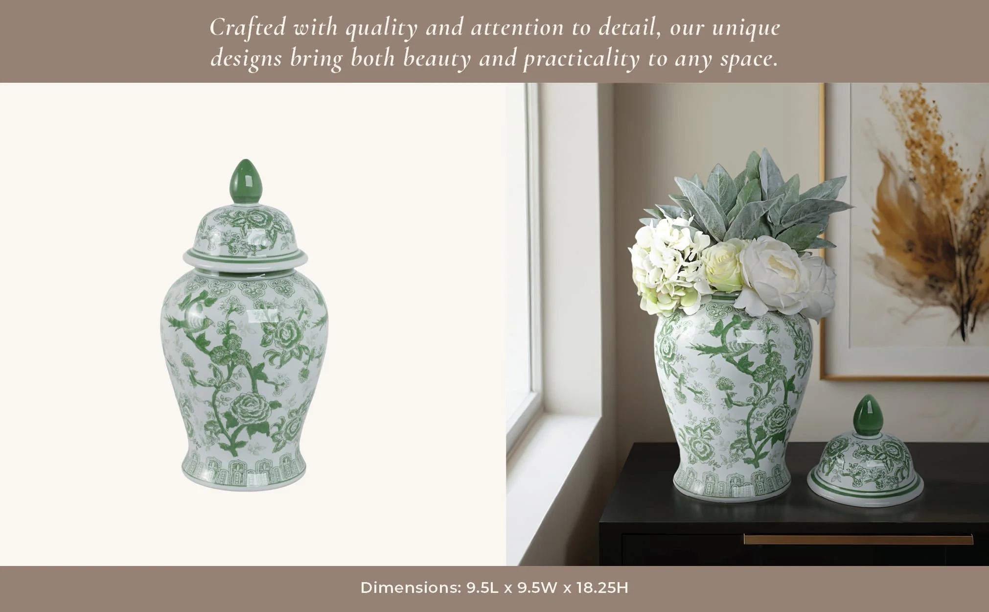Cer, 18" Temple Jar Bird/flower, Green - Image 11