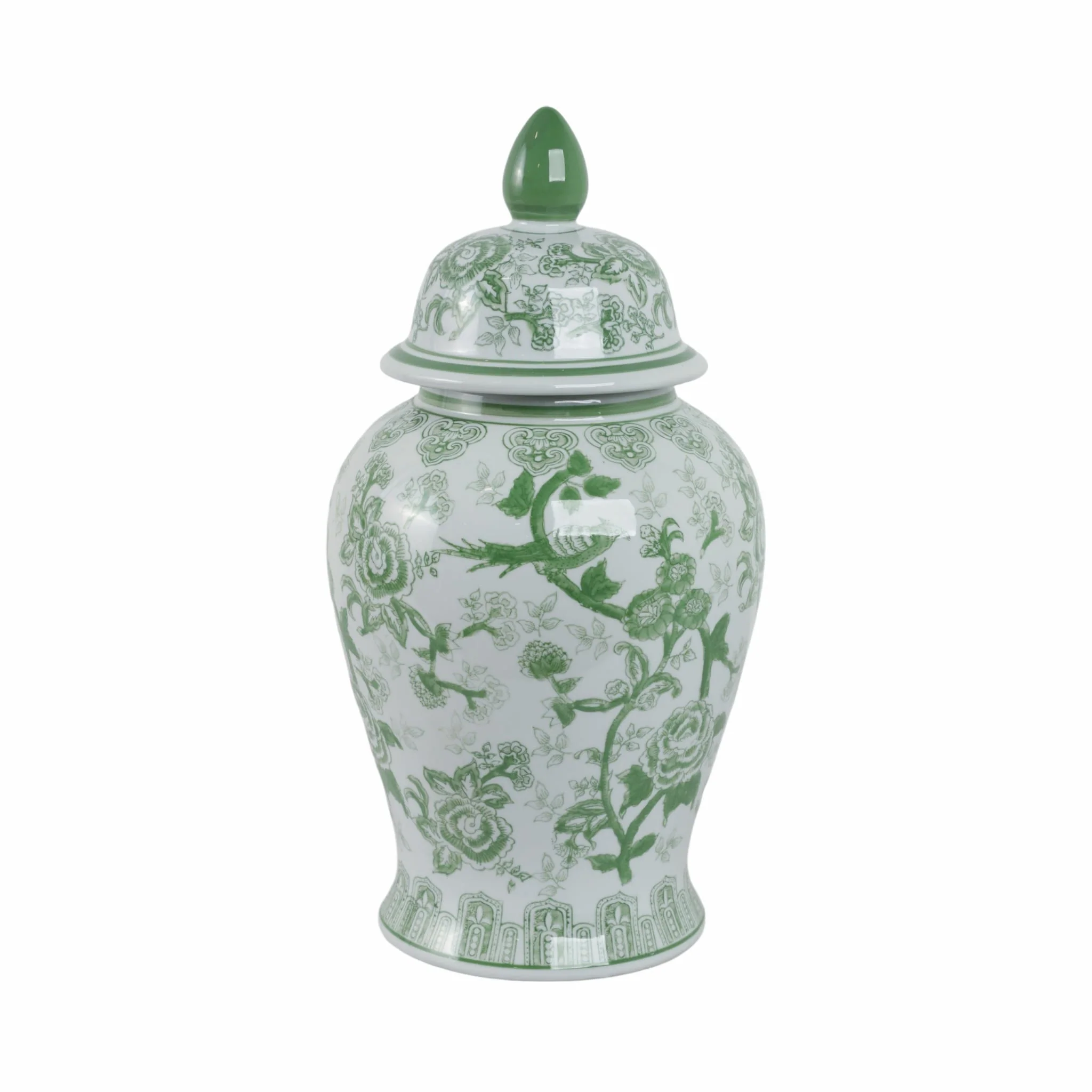 Cer, 18" Temple Jar Bird/flower, Green - Image 4
