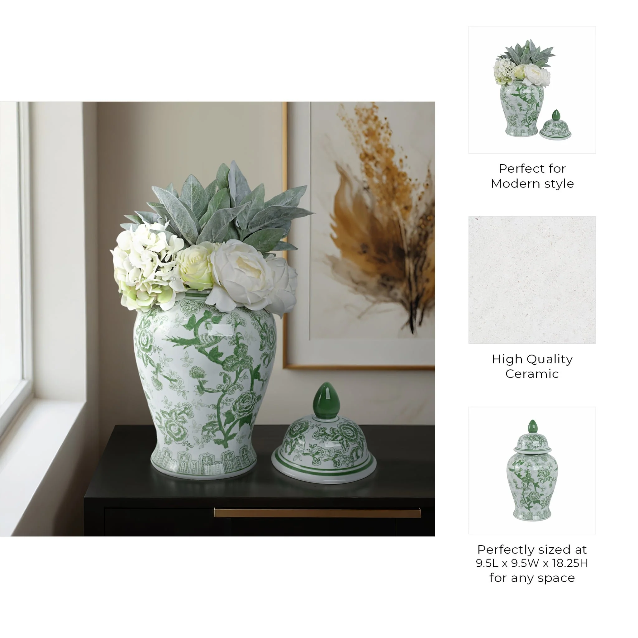 Cer, 18" Temple Jar Bird/flower, Green - Image 9