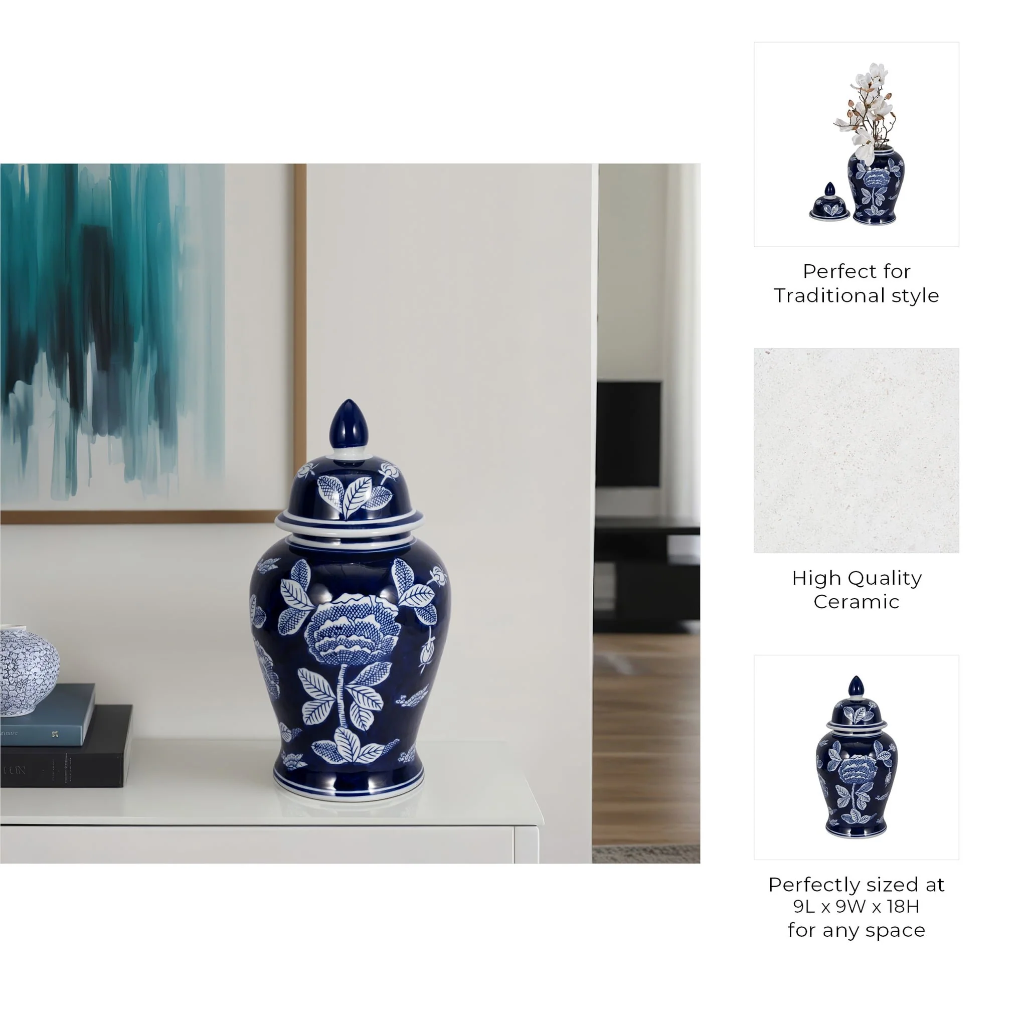 Cer, 18"h Flower Temple Jar, Wht/blu - Image 9
