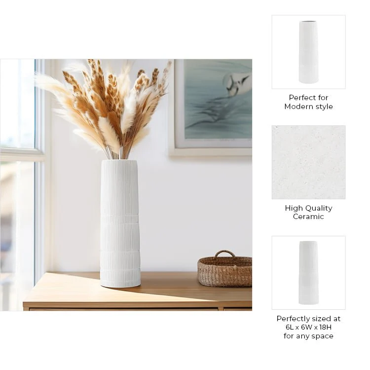 Cer, 18"h Lined Cylinder Vase, White - Image 9