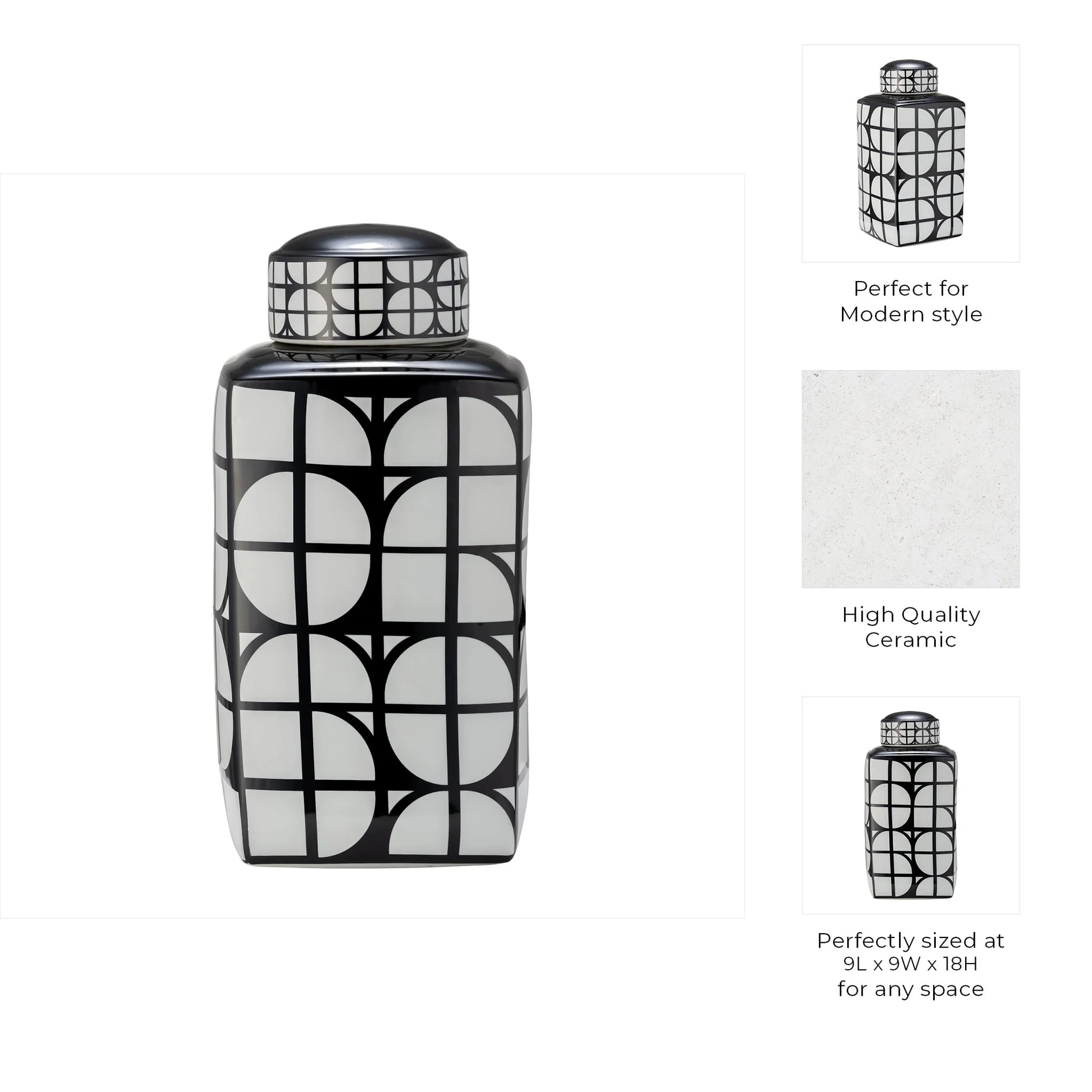 Cer, 18"h Square Jar W/ Lid, Black/white - Image 3