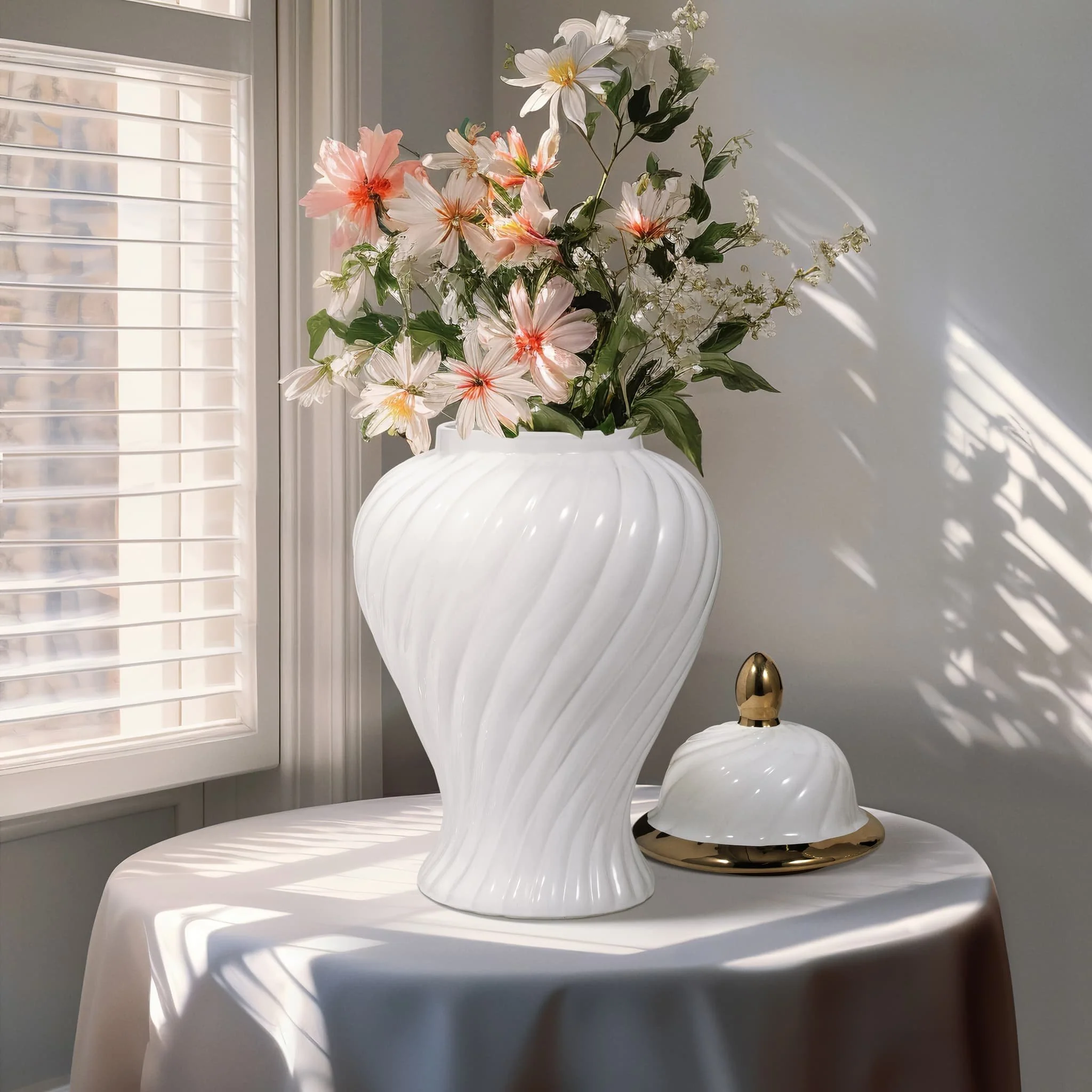 Cer, 20" Swirl Temple Jar, White/gold - Image 11