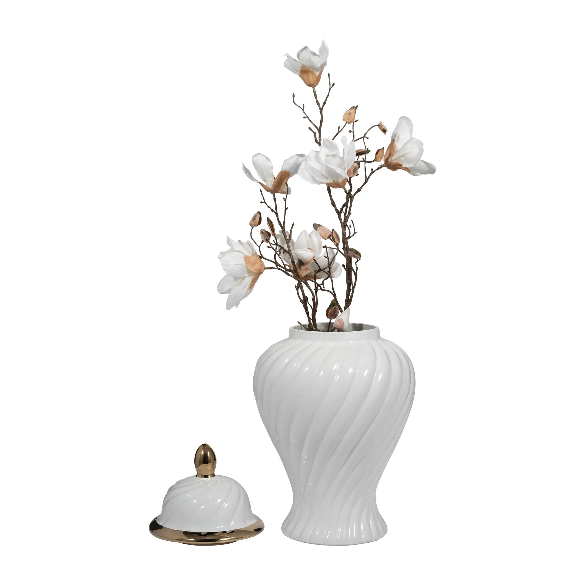 Cer, 20" Swirl Temple Jar, White/gold - Image 2