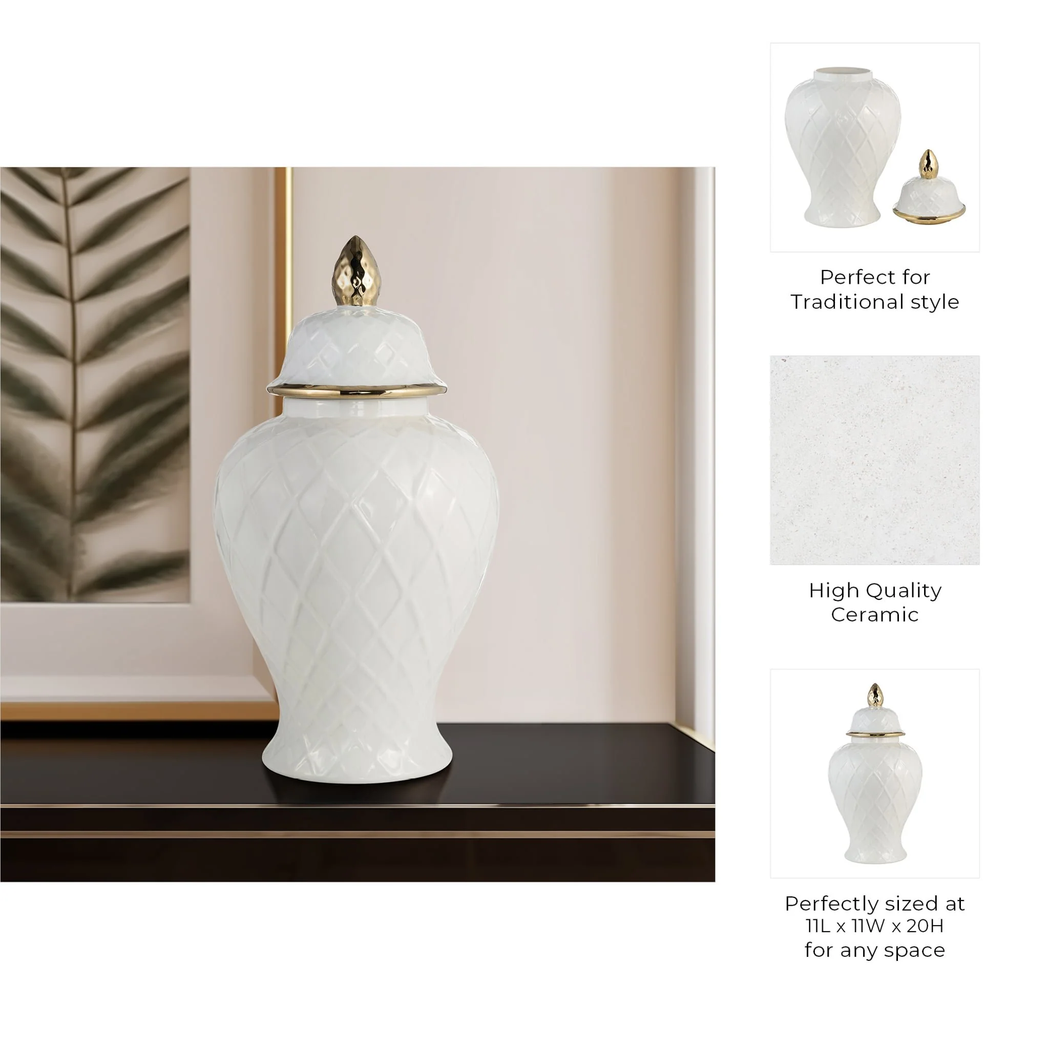 Cer, 20"h Rope Temple Jar, White/gold - Image 6