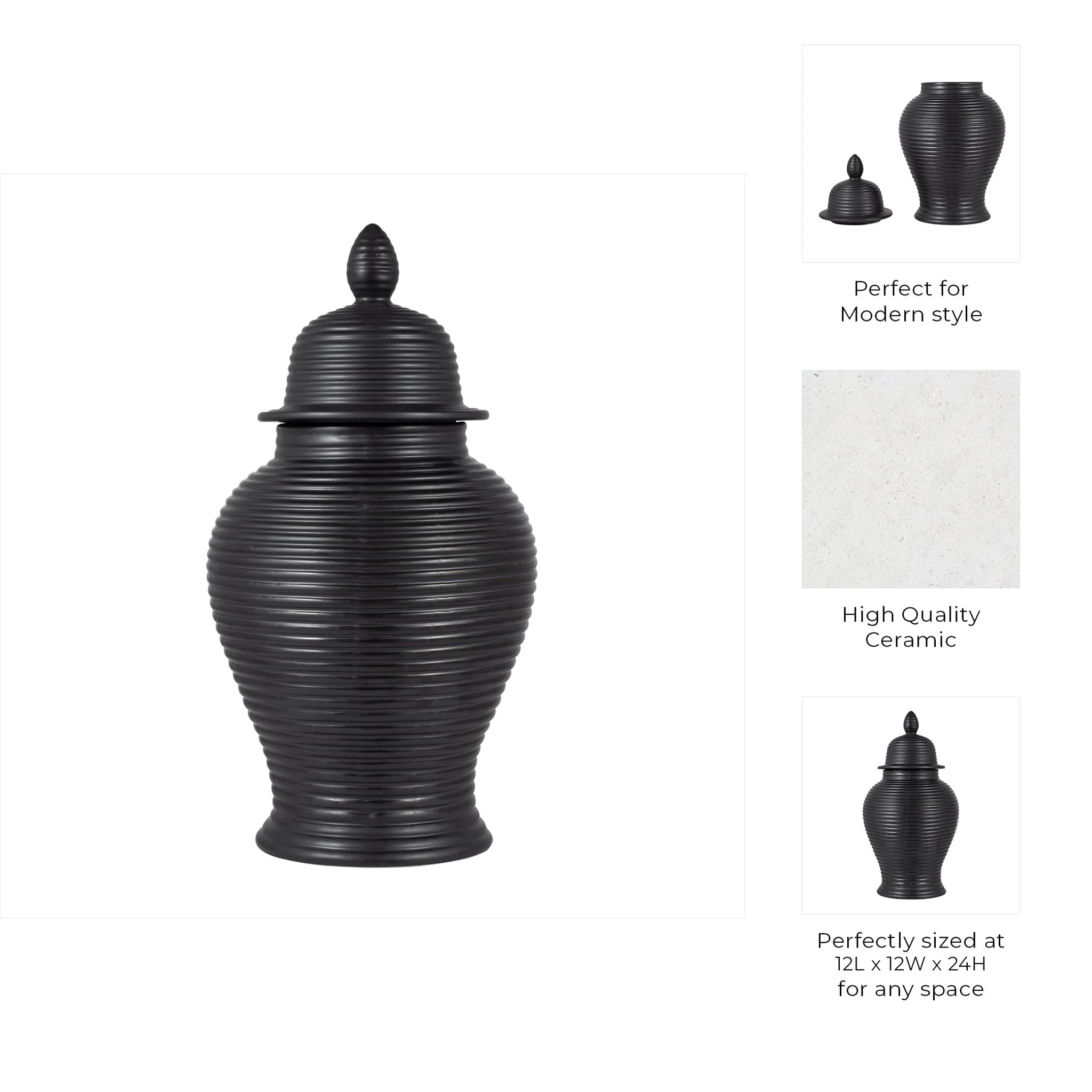 Cer, 24" Ribbed Temple Jar, Black - Image 9