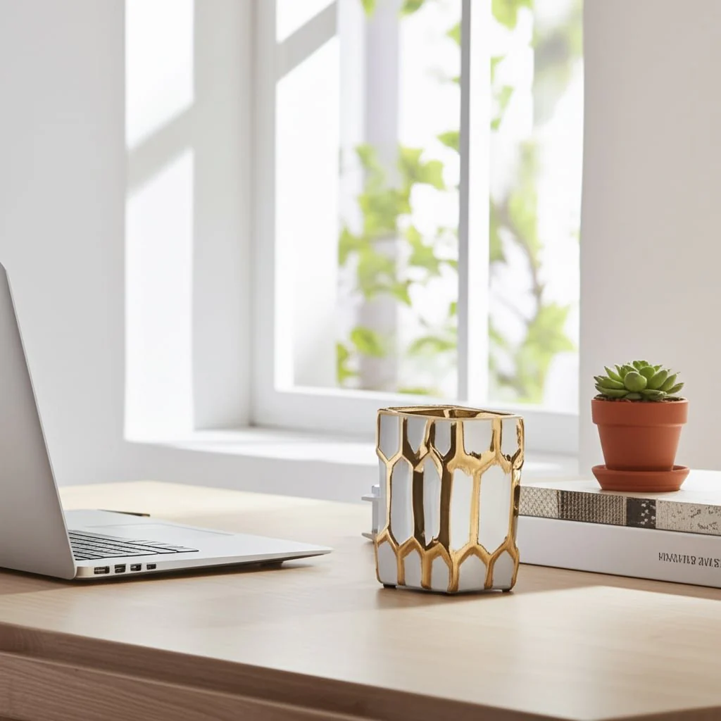 Cer, 4"h Pen Holder, White/gold - Image 12